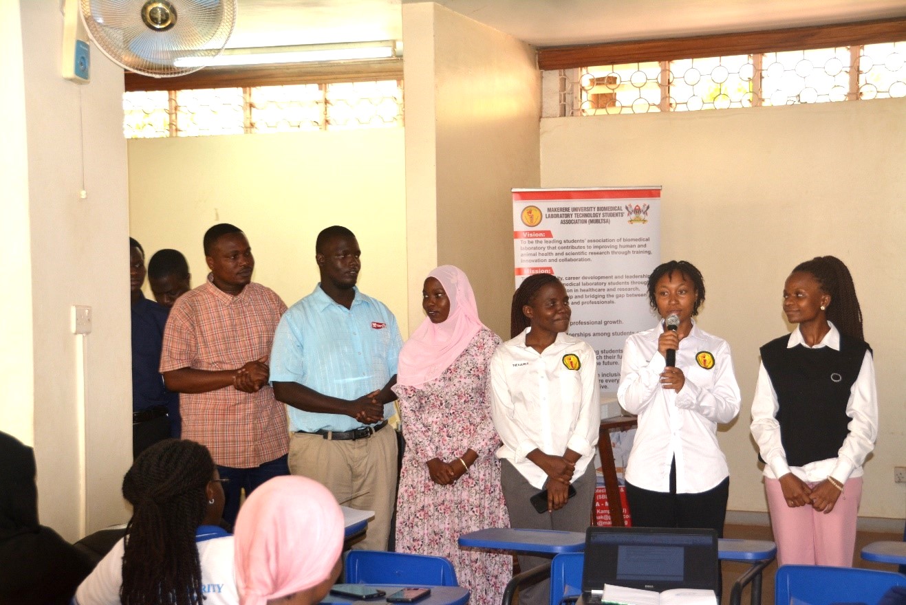 A section of the MUBLISA leadership at the event. Makerere University Biomedical Laboratory Technology Students Association (MUBLISA) transformative mentorship meeting to inspire students to excel in biomedical laboratory technology at the College of Veterinary Medicine, Animal Resources, and Biosecurity (CoVAB), March 2025, Makerere University, Kampala Uganda, East Africa.