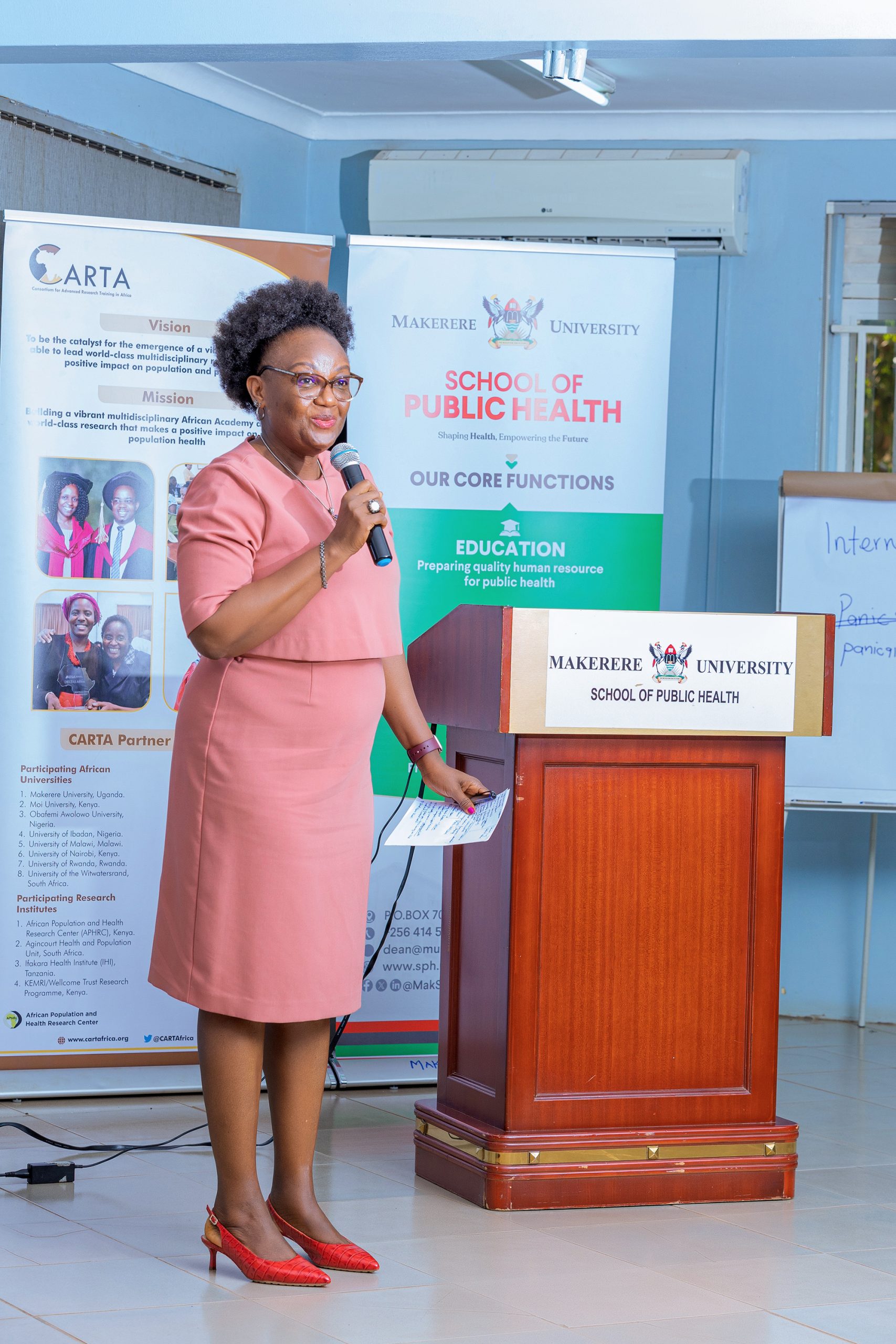 Prof. Rhoda Wanyenze encouraged the 11th Cohort of CARTA doctoral fellows to look beyond their PhD qualifications and impact people. 3rd March 2025. Joint Advanced Seminars (JAS) 1 training for 11th Cohort of the Consortium for Advanced Research Training in Africa (CARTA) doctoral fellowship, 3rd March 2025, Makerere University School of Public Health, Kampala Uganda, East Africa.