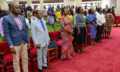 Chairperson of Council-Mrs. Lorna Magara (Centre) and Keynote Speaker-Mrs. Allen Kagina with Left to Right: Mr. Simon Kizito, Ag. Vice Chancellor-Prof. Buyinza Mukadasi, Prof. Sarah Ssali, Mrs. Elizabeth Mushabe and Dr. Ruth Nsibirano at the lecture. 3rd Sarah Nyendwoha Ntiro Annual Public Lecture, theme: “Pioneering change and transforming Institutions”, Kenyote Speaker: Mrs. Allen Kagina, 7th March 2025, School of Public Health Auditorium, Makerere University, Kampala Uganda, East Africa.