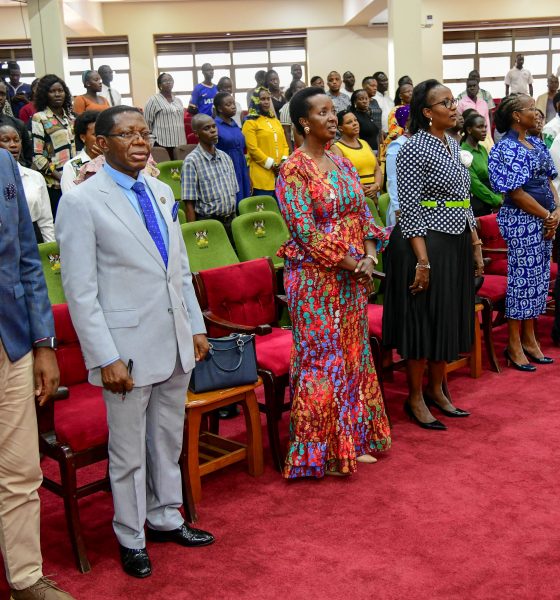 Chairperson of Council-Mrs. Lorna Magara (Centre) and Keynote Speaker-Mrs. Allen Kagina with Left to Right: Mr. Simon Kizito, Ag. Vice Chancellor-Prof. Buyinza Mukadasi, Prof. Sarah Ssali, Mrs. Elizabeth Mushabe and Dr. Ruth Nsibirano at the lecture. 3rd Sarah Nyendwoha Ntiro Annual Public Lecture, theme: “Pioneering change and transforming Institutions”, Kenyote Speaker: Mrs. Allen Kagina, 7th March 2025, School of Public Health Auditorium, Makerere University, Kampala Uganda, East Africa.