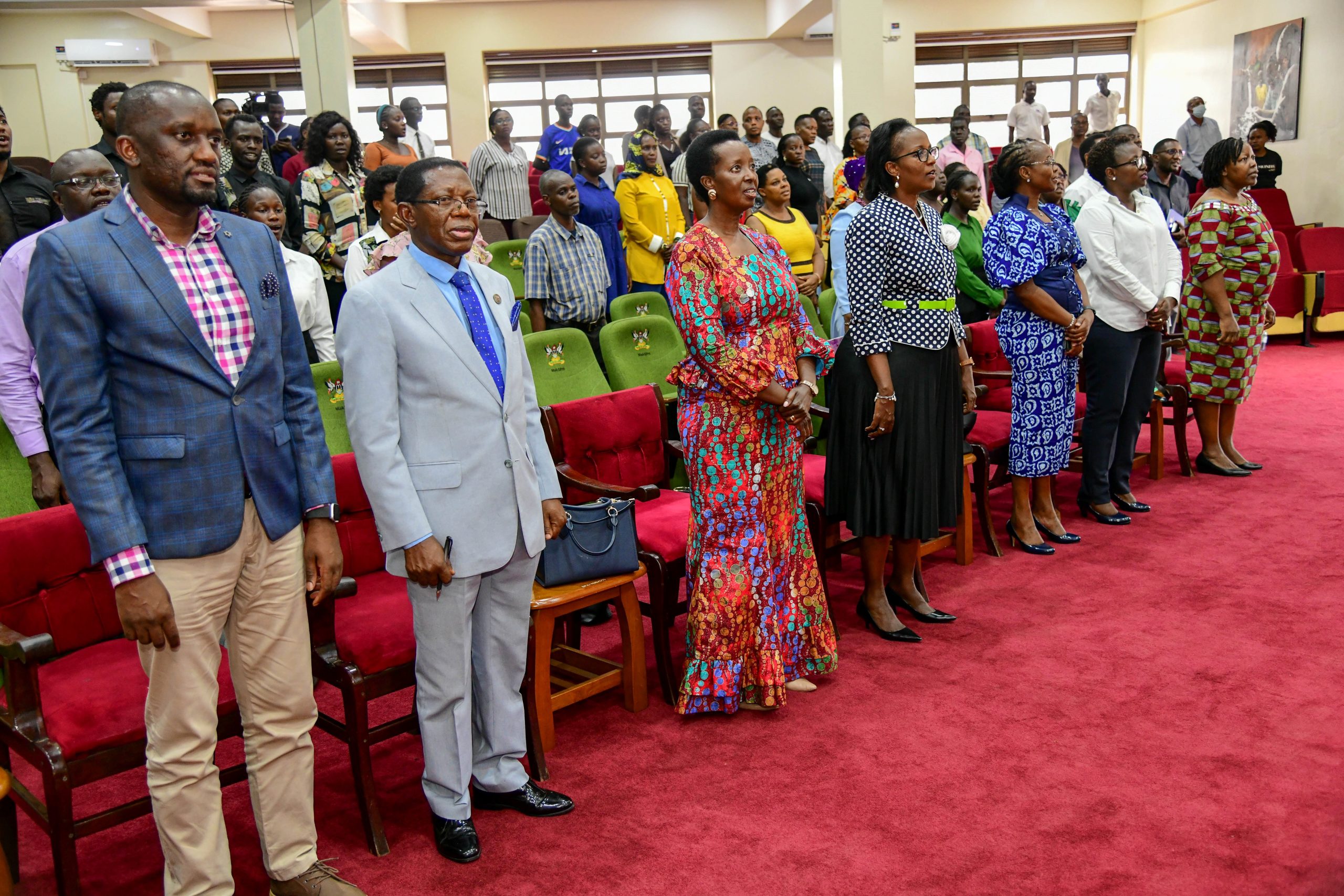 Chairperson of Council-Mrs. Lorna Magara (Centre) and Keynote Speaker-Mrs. Allen Kagina with Left to Right: Mr. Simon Kizito, Ag. Vice Chancellor-Prof. Buyinza Mukadasi, Prof. Sarah Ssali, Mrs. Elizabeth Mushabe and Dr. Ruth Nsibirano at the lecture. 3rd Sarah Nyendwoha Ntiro Annual Public Lecture, theme: “Pioneering change and transforming Institutions”, Kenyote Speaker: Mrs. Allen Kagina, 7th March 2025, School of Public Health Auditorium, Makerere University, Kampala Uganda, East Africa.