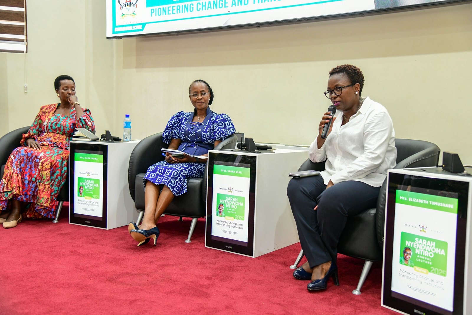 Prof. Sarah Ssali (Centre) with panelists; Mrs. Allen Kagina (Left) and Mrs. Elizabeth Mushabe (Right). 3rd Sarah Nyendwoha Ntiro Annual Public Lecture, theme: “Pioneering change and transforming Institutions”, Kenyote Speaker: Mrs. Allen Kagina, 7th March 2025, School of Public Health Auditorium, Makerere University, Kampala Uganda, East Africa.