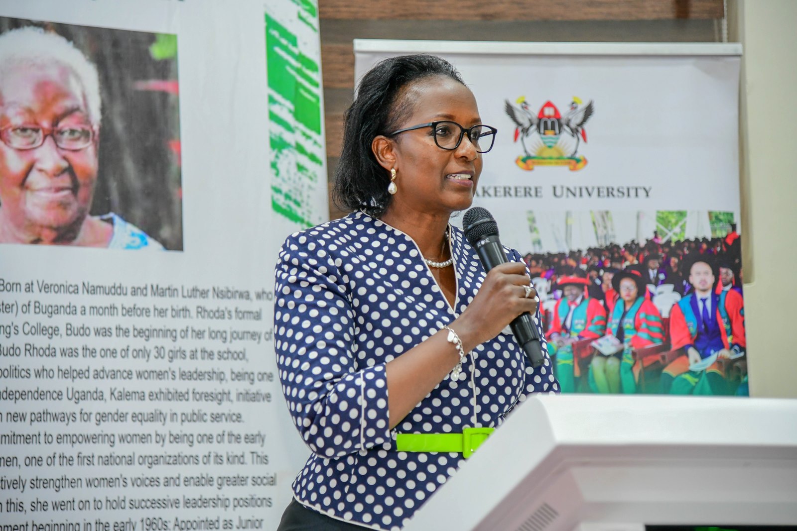 Mrs. Lorna Magara addresses the congregation at the lecture. 3rd Sarah Nyendwoha Ntiro Annual Public Lecture, theme: “Pioneering change and transforming Institutions”, Kenyote Speaker: Mrs. Allen Kagina, 7th March 2025, School of Public Health Auditorium, Makerere University, Kampala Uganda, East Africa.