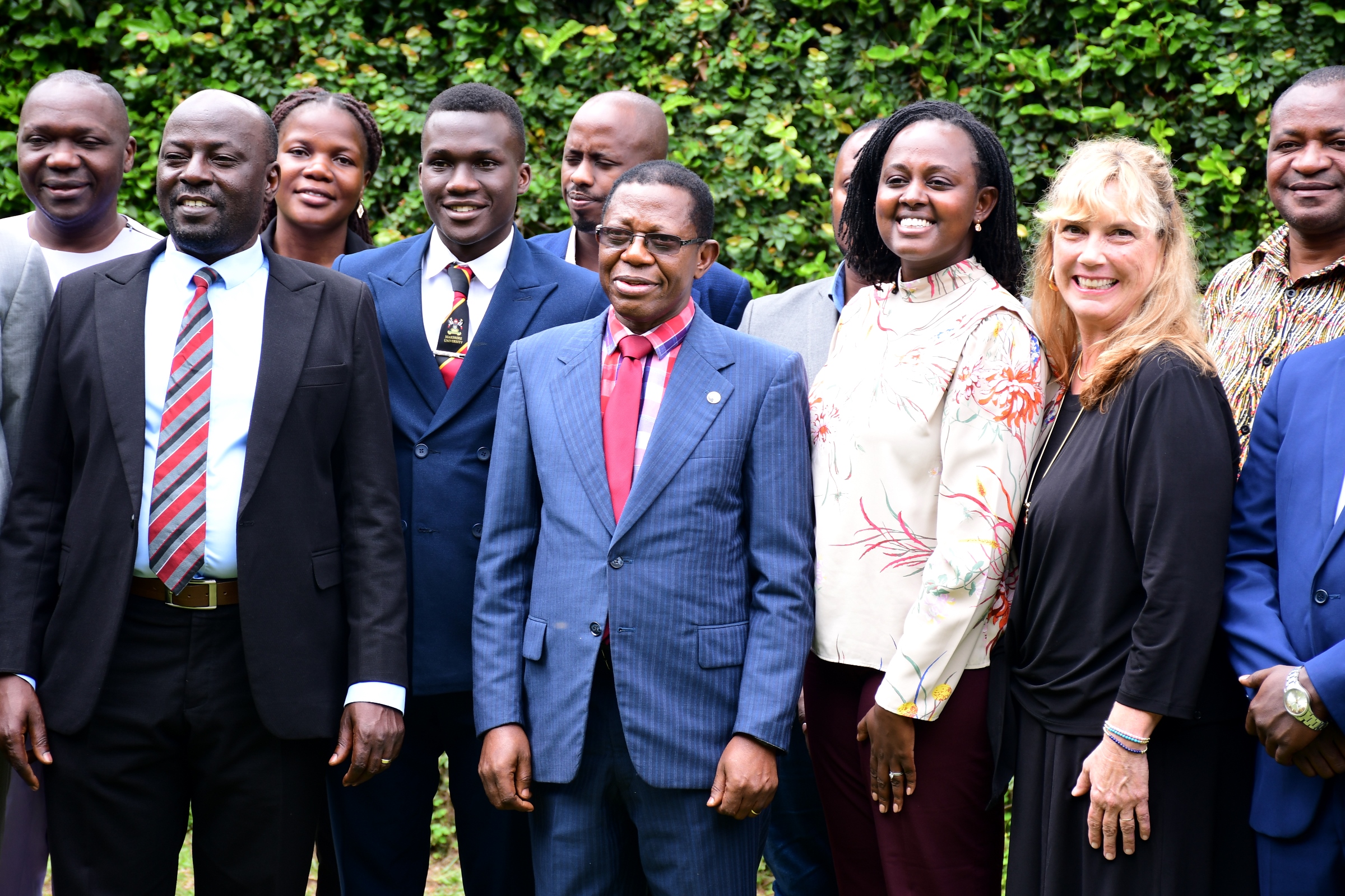 The Ag. DVCAA-Prof. Buyinza Mukadasi (2nd Left), Prof. Paul Birevu Muyinda (Left) and other stakeholders pose for a group photo at the dissemination event on 24th April 2025. Institute of Open, Distance and e-Learning (IODeL), College of Education and External Studies (CEES) disseminating results of phase 1 of the e-Learning initiative at Makerere University, Makerere University, Kampala Uganda, East Africa supported by Mastercard Foundation, Arizona State University (ASU)-USA, to over 75 participants and key stakeholders, 24th April 2025, Speke Resort Munyonyo.
