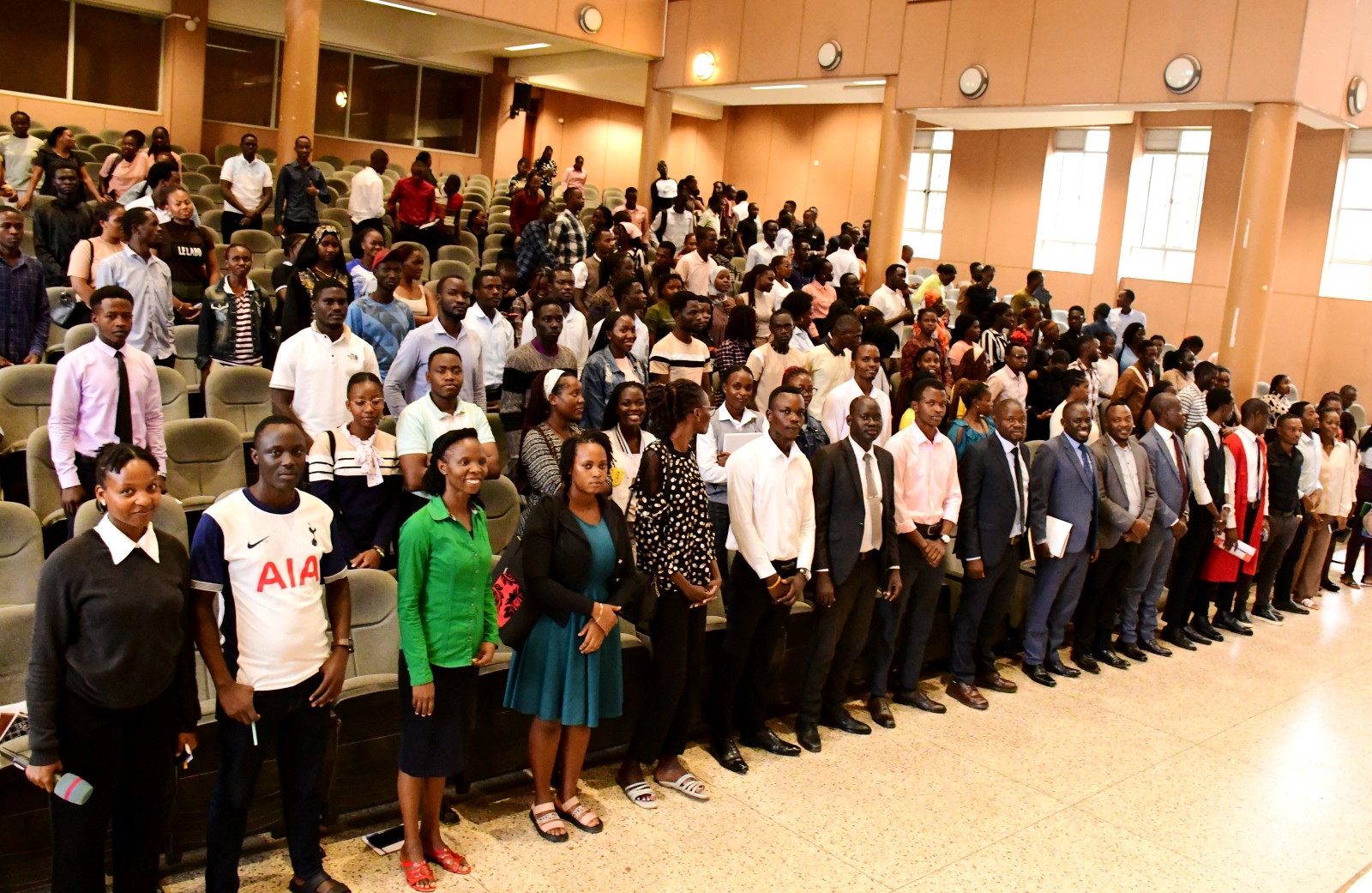 Economics Students participating in the career talk pose for a group photo with Officials on 14th April 2025. Bank of Uganda in partnership with College of Business and Management Sciences (CoBAMS) career talk targeting students studying economics. Theme: ‘Beyond the Books-Positioning Economics Students for National and Global Relevance,’ Commits to Annual Monetary policy engagements, 14th April 2025, Yusuf Lule Central Teaching Facility Auditorium, Makerere University, Kampala Uganda, East Africa.