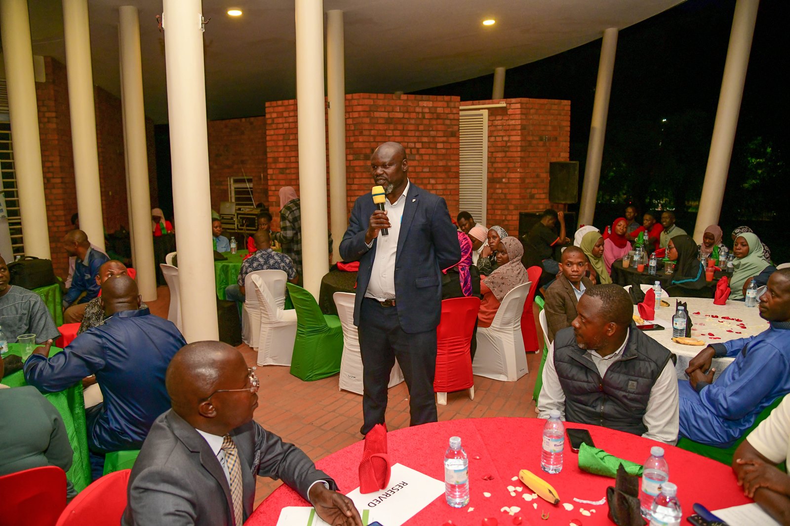 Dr. Hussein Oria addresses guests at the dinner. Vice Chancellor, Prof. Barnabas Nawangwe hosts Makerere University Community Muslim Fraternity to dinner in commemoration of their completion of the holy month of Ramadan, 2nd April 2025, Okot P’Bitek Lounge in the Makerere Institute of Social Research (MISR) Gardens, Kampala Uganda, East Africa.