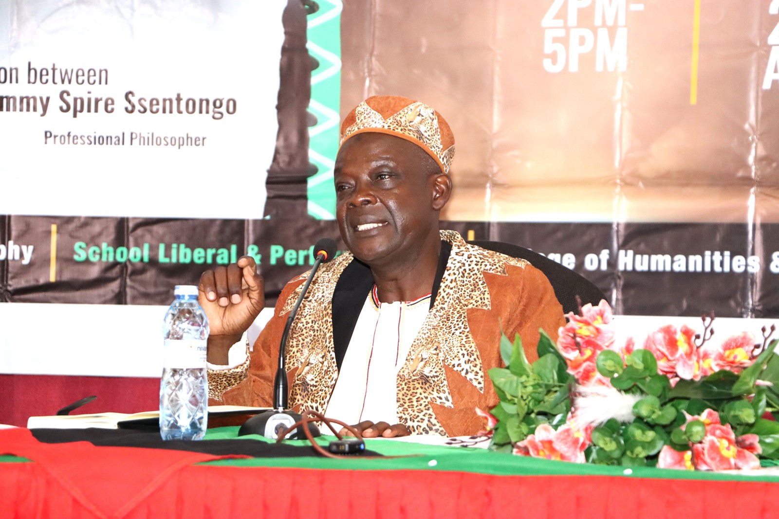 Dr. Sekagya Yahaya Hills responding to questions during the public dialogue. College of Humanities and Social Sciences (CHUSS) a historic public dialogue between Dr. Jimmy Spire Ssentongo and Dr. Yahaya Hills Kagali Sekagya, titled “Traditional Spirituality, Herbal Medicine, Witchcraft and Questions of Truth.” 29th April 2025, College of Engineering, Design, Art and Technology (CEDAT) Conference Hall, Makerere University, Kampala Uganda, East Africa.