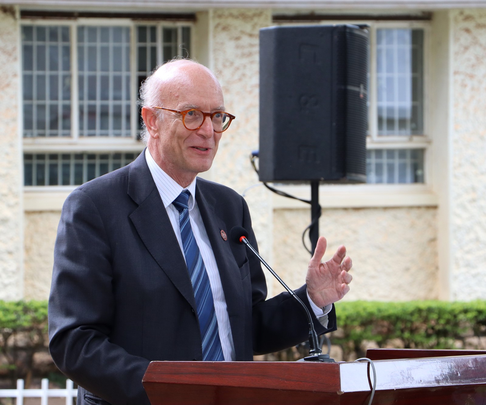 Ambassador Mauro Massoni delivering his speech during the launch. Makerere University, in collaboration with the University of Turin and the Italian Embassy in Kampala, marked four decades of academic and cultural partnership with a landmark photographic exhibition titled "Connecting Cultures: The Italian Ethnological Mission in the Great Lakes Region" 16th May 2025, Arts Quadrangle, College of Humanities and Social Sciences (CHUSS), Uganda, East Africa.
