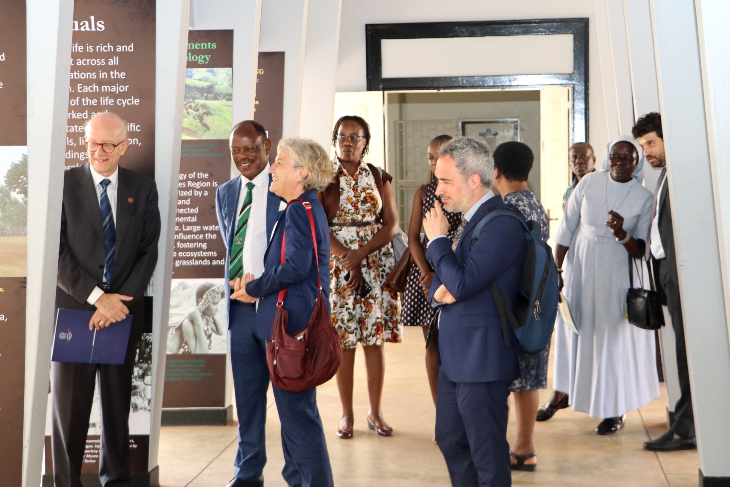 At exhibition site on 16th May 2025. L-R: Amb. Mauro Massoni, Prof. Barnabas Nawangwe, Prof. Cecilia Pennacini, Prof. Alessandro Gusman, Prof. Dominic Dipio (2nd R) and other officials. Makerere University, in collaboration with the University of Turin and the Italian Embassy in Kampala, marked four decades of academic and cultural partnership with a landmark photographic exhibition titled "Connecting Cultures: The Italian Ethnological Mission in the Great Lakes Region" 16th May 2025, Arts Quadrangle, College of Humanities and Social Sciences (CHUSS), Uganda, East Africa.