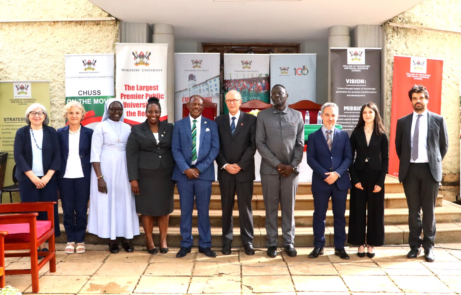 The Principal, VC, Ambassador and Minister's representative in a group photo with the Italian Mission officials. Makerere University, in collaboration with the University of Turin and the Italian Embassy in Kampala, marked four decades of academic and cultural partnership with a landmark photographic exhibition titled "Connecting Cultures: The Italian Ethnological Mission in the Great Lakes Region" 16th May 2025, Arts Quadrangle, College of Humanities and Social Sciences (CHUSS), Uganda, East Africa.