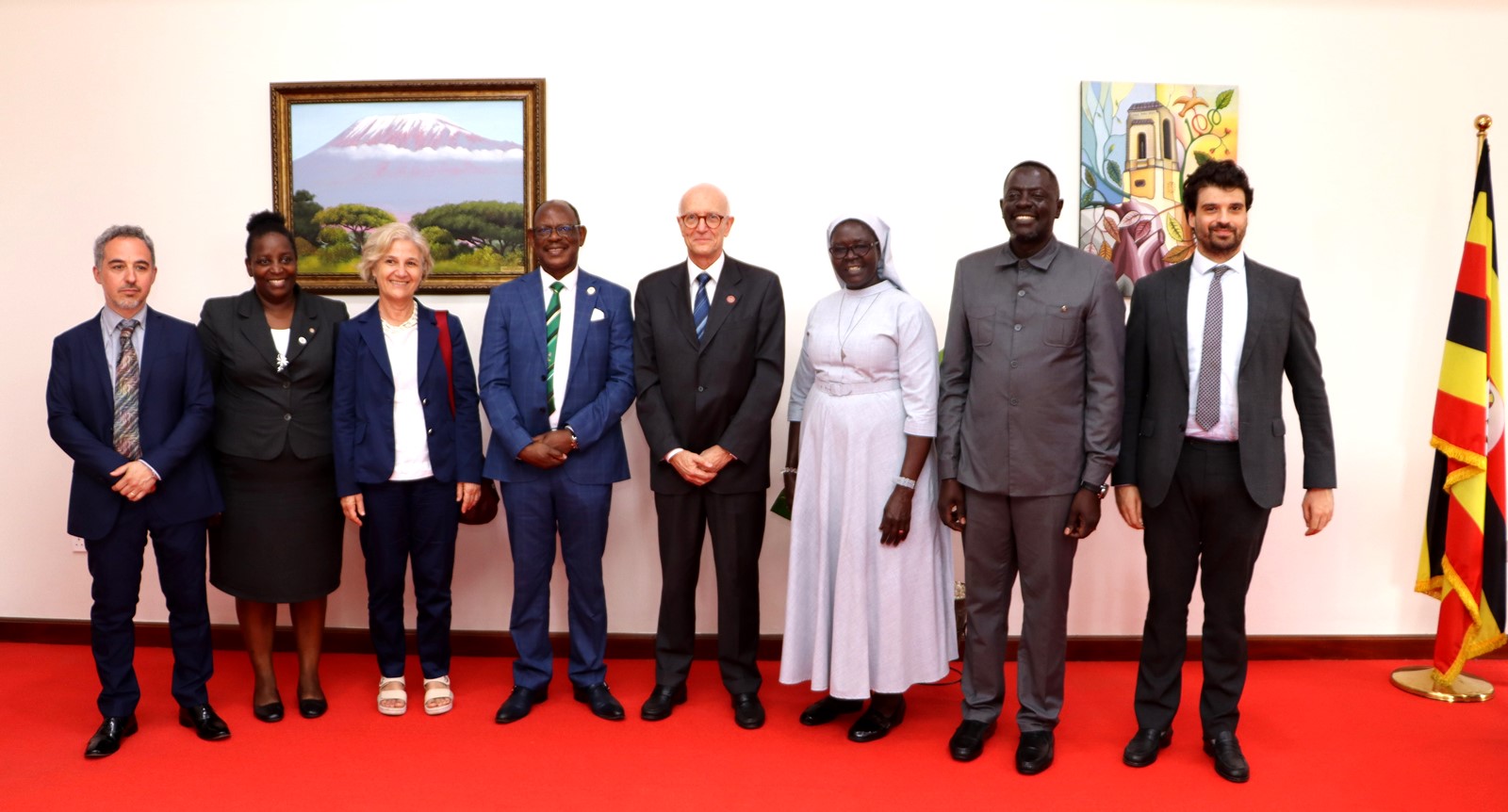 Italian Embassy officials, Minstry of Education and Sports representative, college coordinator and Principal in a group photo with the Ambassador and Vice Chancellor after meeting. Makerere University, in collaboration with the University of Turin and the Italian Embassy in Kampala, marked four decades of academic and cultural partnership with a landmark photographic exhibition titled "Connecting Cultures: The Italian Ethnological Mission in the Great Lakes Region" 16th May 2025, Arts Quadrangle, College of Humanities and Social Sciences (CHUSS), Uganda, East Africa.