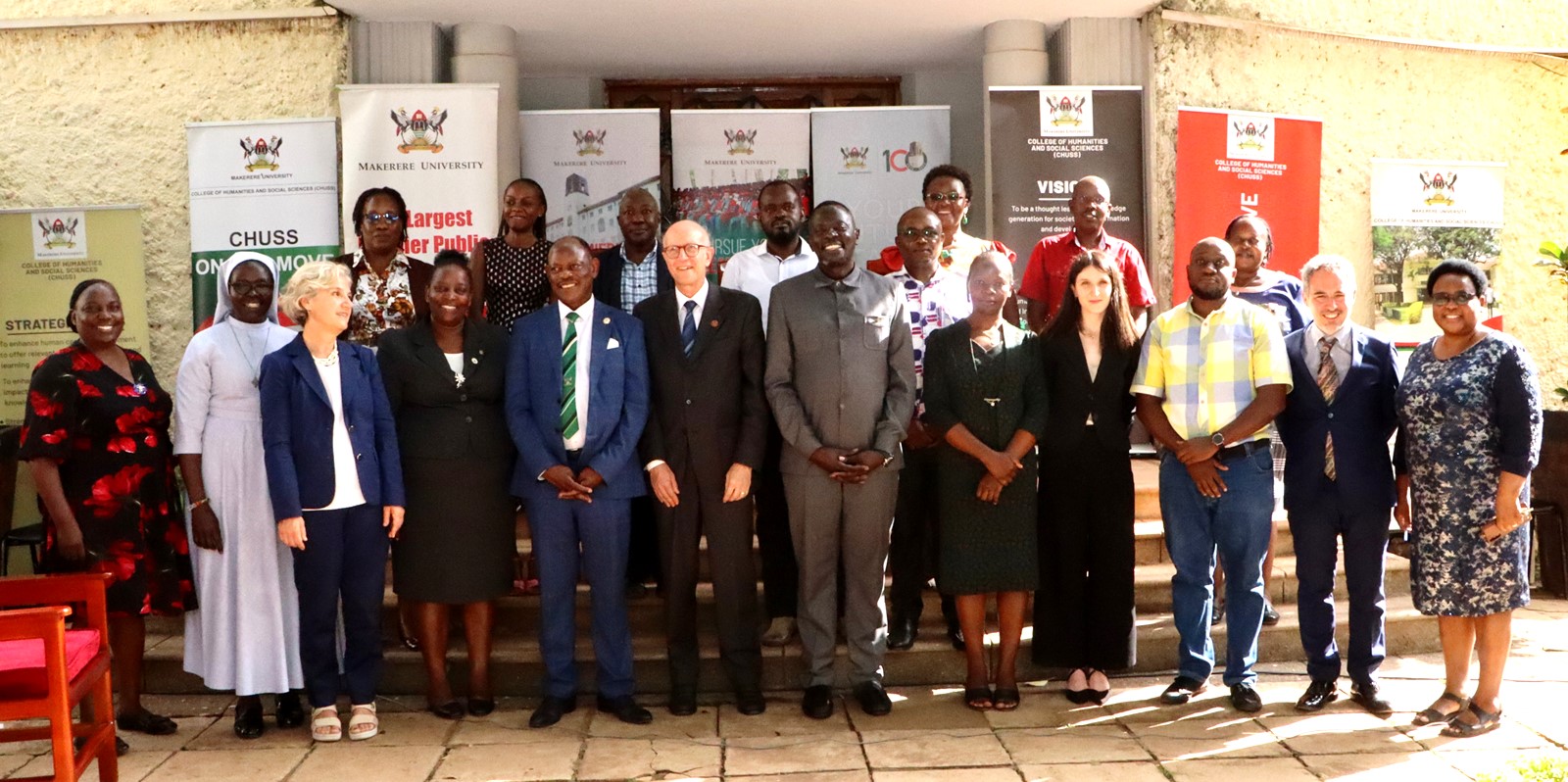 CHUSS Heads of Unit in a photo moment with the invited guests. Makerere University, in collaboration with the University of Turin and the Italian Embassy in Kampala, marked four decades of academic and cultural partnership with a landmark photographic exhibition titled "Connecting Cultures: The Italian Ethnological Mission in the Great Lakes Region" 16th May 2025, Arts Quadrangle, College of Humanities and Social Sciences (CHUSS), Uganda, East Africa.