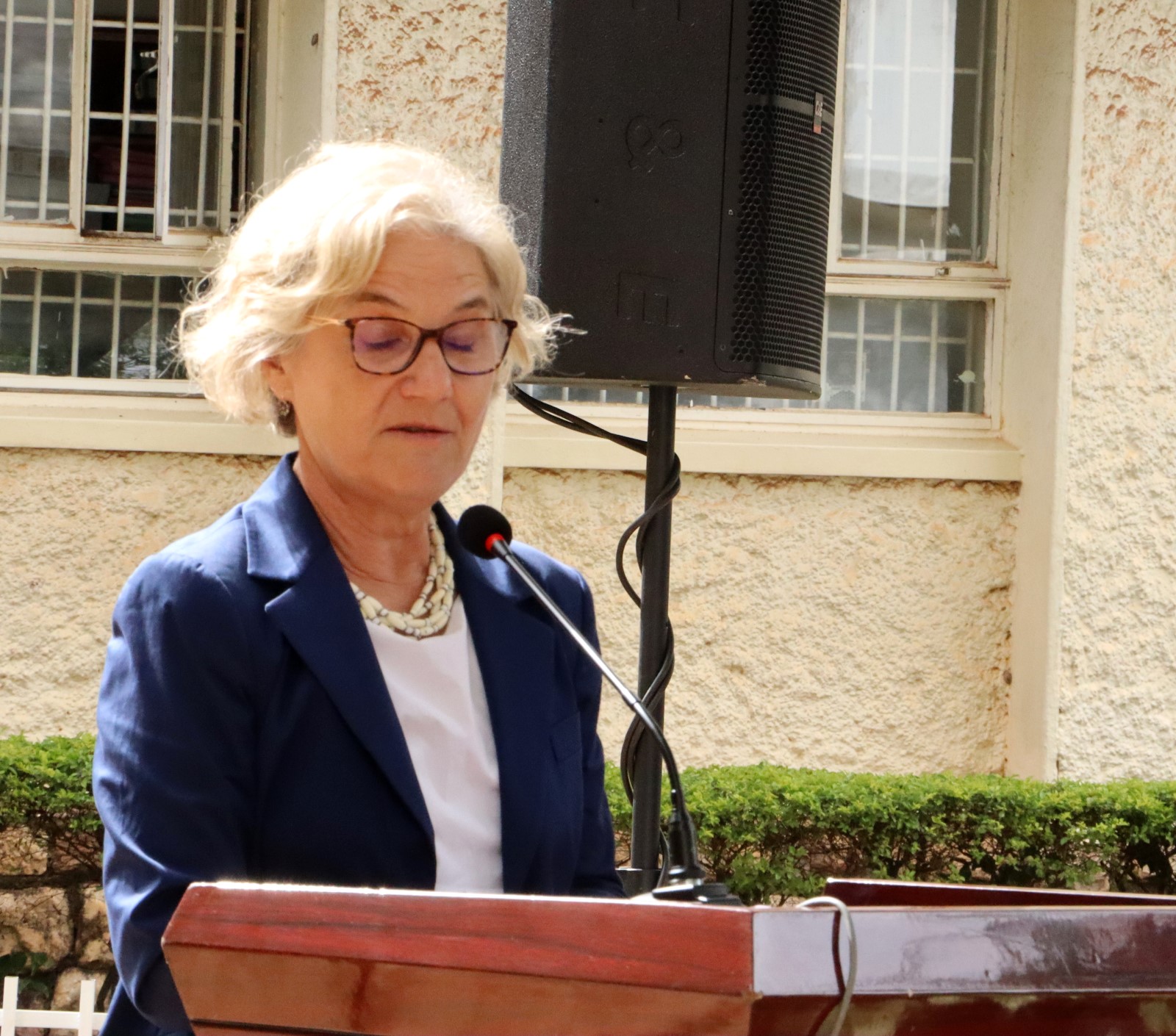 Prof. Cecilia Pennacini reading her speech. Makerere University, in collaboration with the University of Turin and the Italian Embassy in Kampala, marked four decades of academic and cultural partnership with a landmark photographic exhibition titled "Connecting Cultures: The Italian Ethnological Mission in the Great Lakes Region" 16th May 2025, Arts Quadrangle, College of Humanities and Social Sciences (CHUSS), Uganda, East Africa.
