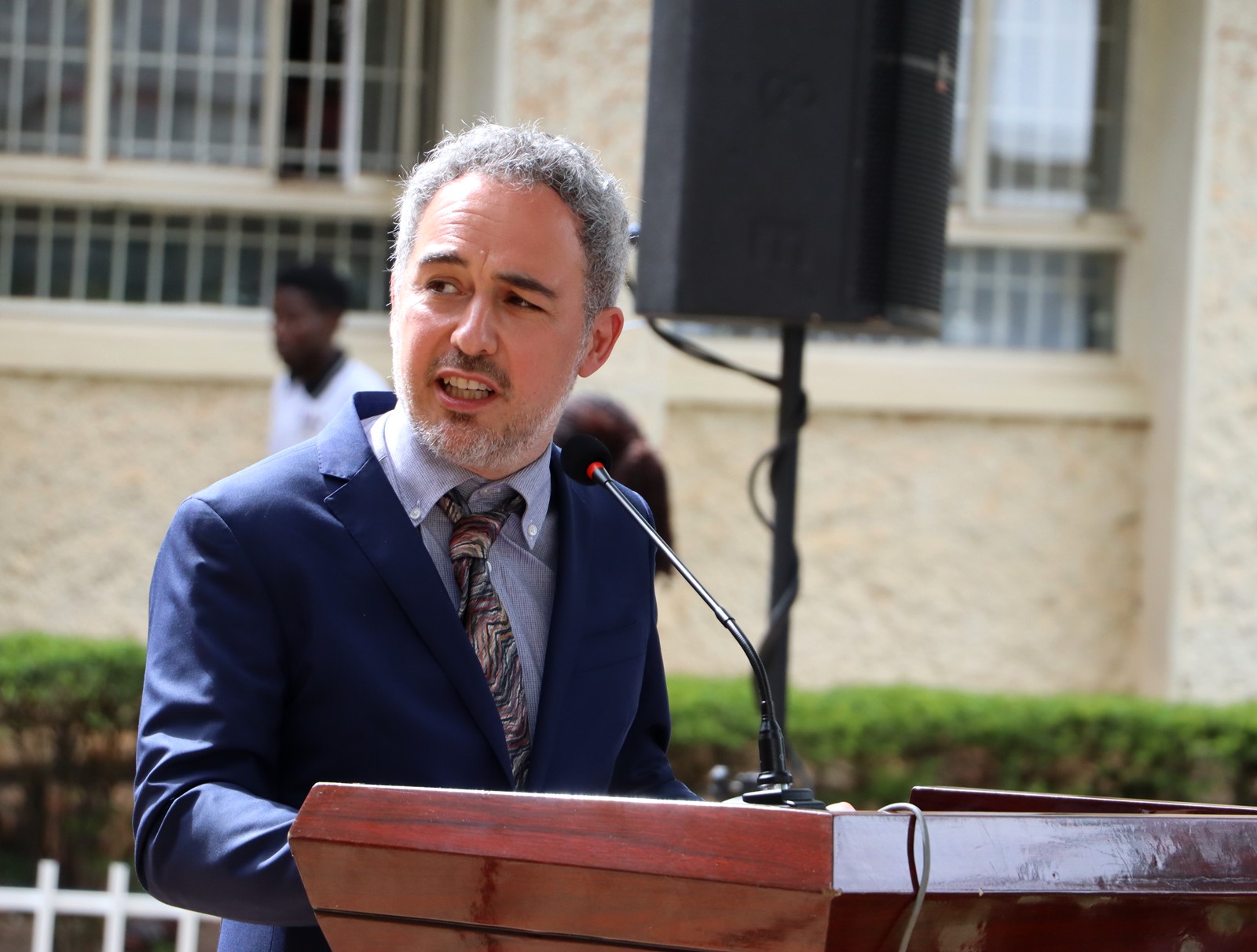 Prof. Alessandro Gusman addressing the audience. Makerere University, in collaboration with the University of Turin and the Italian Embassy in Kampala, marked four decades of academic and cultural partnership with a landmark photographic exhibition titled "Connecting Cultures: The Italian Ethnological Mission in the Great Lakes Region" 16th May 2025, Arts Quadrangle, College of Humanities and Social Sciences (CHUSS), Uganda, East Africa.