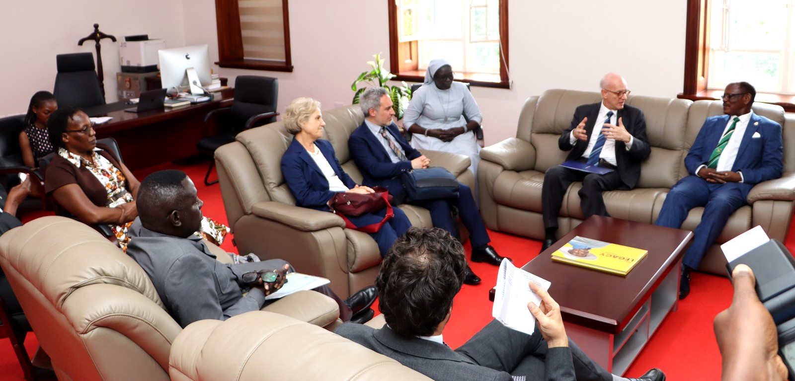 Italian Embassy Officials, Ministry of Education and Sports Representative, and the College representative in a brief meeting with the Vice Chancellor. Makerere University, in collaboration with the University of Turin and the Italian Embassy in Kampala, marked four decades of academic and cultural partnership with a landmark photographic exhibition titled "Connecting Cultures: The Italian Ethnological Mission in the Great Lakes Region" 16th May 2025, Arts Quadrangle, College of Humanities and Social Sciences (CHUSS), Uganda, East Africa.