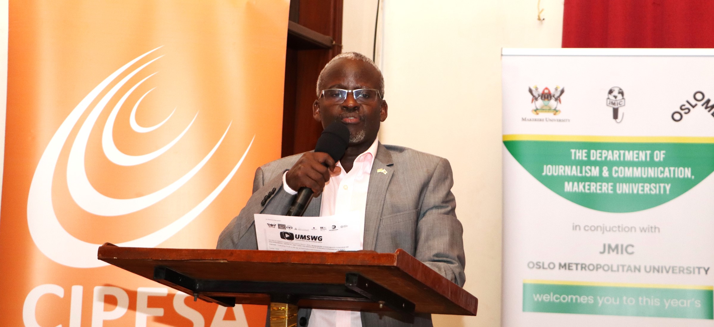 Dr. William Tayebwa representing the Head of Department. Uganda Media Sector Working Group in collaboration with Makerere University Department of Journalism and Communication, CIPESA, Oslo Metropolitan University, the Uganda Human Rights Commission, the African Centre for Media Excellence, UNESCO, the Uganda Media Council, and Media Focus on Africa commemorating World Press Freedom Day, global theme “Defending the Truth in an Age of Polarization and Distrust”, 6th May 2025, CEDAT Conference Hall, Kampala, East Africa.
