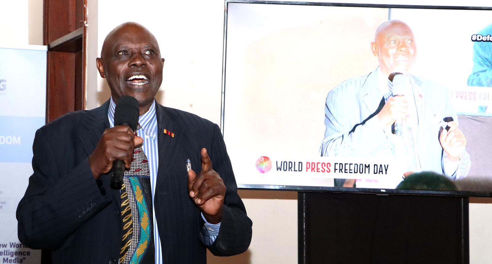 Drake Sekeba speaking after the award. Uganda Media Sector Working Group in collaboration with Makerere University Department of Journalism and Communication, CIPESA, Oslo Metropolitan University, the Uganda Human Rights Commission, the African Centre for Media Excellence, UNESCO, the Uganda Media Council, and Media Focus on Africa commemorating World Press Freedom Day, global theme “Defending the Truth in an Age of Polarization and Distrust”, 6th May 2025, CEDAT Conference Hall, Kampala, East Africa.