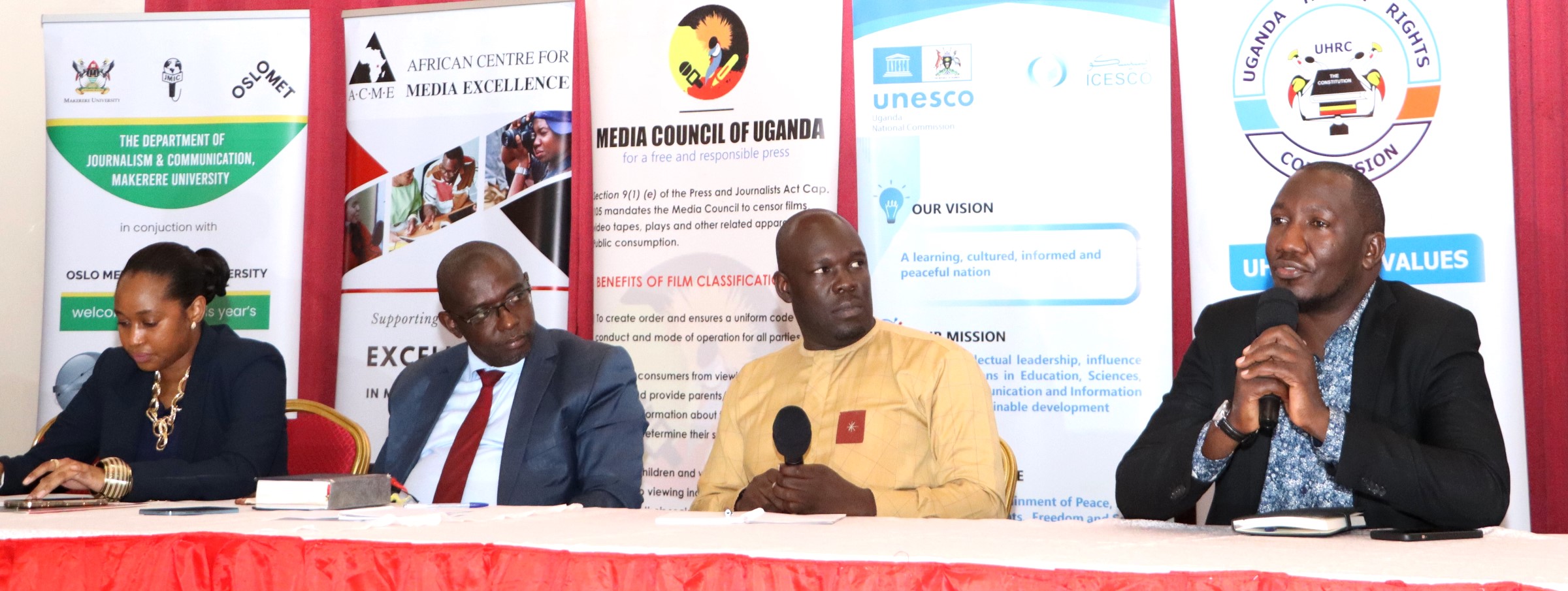 Left to Right: A panel of discussants Joan Nakabiito (Inter-religious Council), Julius Musinguzi from the Electoral Commission, John Baptist Imokola Moderator and Abubaker Lubowa, Journalist Nation Media discussing Media, Elections and Security. Uganda Media Sector Working Group in collaboration with Makerere University Department of Journalism and Communication, CIPESA, Oslo Metropolitan University, the Uganda Human Rights Commission, the African Centre for Media Excellence, UNESCO, the Uganda Media Council, and Media Focus on Africa commemorating World Press Freedom Day, global theme “Defending the Truth in an Age of Polarization and Distrust”, 6th May 2025, CEDAT Conference Hall, Kampala, East Africa.