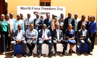 A section of attendees in a group photo with the Chief Guest-Paul Ekoju and Award winners after the celebrations. Uganda Media Sector Working Group in collaboration with Makerere University Department of Journalism and Communication, CIPESA, Oslo Metropolitan University, the Uganda Human Rights Commission, the African Centre for Media Excellence, UNESCO, the Uganda Media Council, and Media Focus on Africa commemorating World Press Freedom Day, global theme “Defending the Truth in an Age of Polarization and Distrust”, 6th May 2025, CEDAT Conference Hall, Kampala, East Africa.