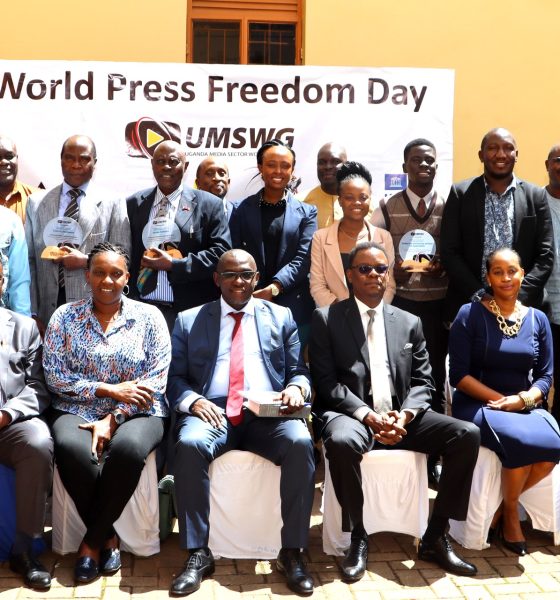 A section of attendees in a group photo with the Chief Guest-Paul Ekoju and Award winners after the celebrations. Uganda Media Sector Working Group in collaboration with Makerere University Department of Journalism and Communication, CIPESA, Oslo Metropolitan University, the Uganda Human Rights Commission, the African Centre for Media Excellence, UNESCO, the Uganda Media Council, and Media Focus on Africa commemorating World Press Freedom Day, global theme “Defending the Truth in an Age of Polarization and Distrust”, 6th May 2025, CEDAT Conference Hall, Kampala, East Africa.