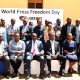 A section of attendees in a group photo with the Chief Guest-Paul Ekoju and Award winners after the celebrations. Uganda Media Sector Working Group in collaboration with Makerere University Department of Journalism and Communication, CIPESA, Oslo Metropolitan University, the Uganda Human Rights Commission, the African Centre for Media Excellence, UNESCO, the Uganda Media Council, and Media Focus on Africa commemorating World Press Freedom Day, global theme “Defending the Truth in an Age of Polarization and Distrust”, 6th May 2025, CEDAT Conference Hall, Kampala, East Africa.
