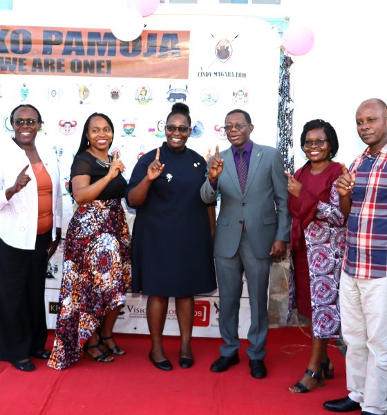 The MP, Dr. Cindy Magara, Prof. Helen N. Nkabala, Dr. Eve Nabukya and Dr. Levis Mugumya flash Tuko Pamoja symbol in a group photo. Department of Literature, School of Languages, Literature and Communication, College of Humanities and Social Sciences (CHUSS) screening of Tuko Pamoja, a documentary by Dr. Cindy Magara, Nyati Motion Pictures, 13th May 2025, Main Hall, Makerere University, Kamapala Uganda, East Africa.
