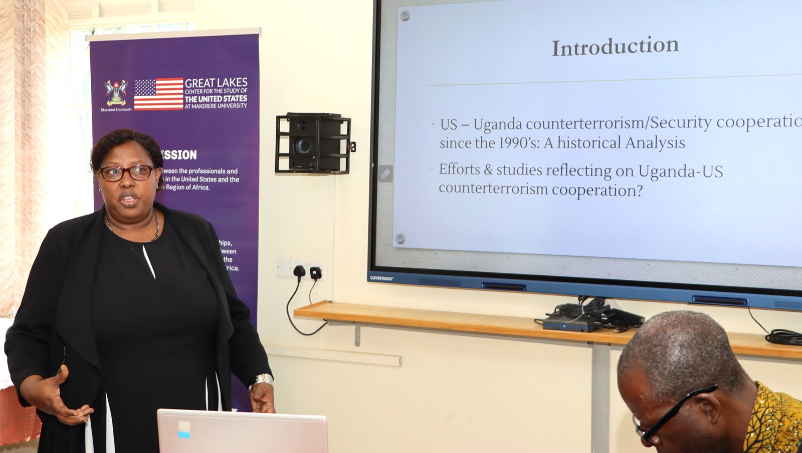 Dr. Charlotte Mafumbo presenting on counter-terrorism. The Centre for United States Studies at Makerere University held its first research review workshop, marking the beginning of an ambitious academic project to publish a book examining the historical and contemporary relations between the United States and Uganda, 28th April 2025, Kampala, East Africa.