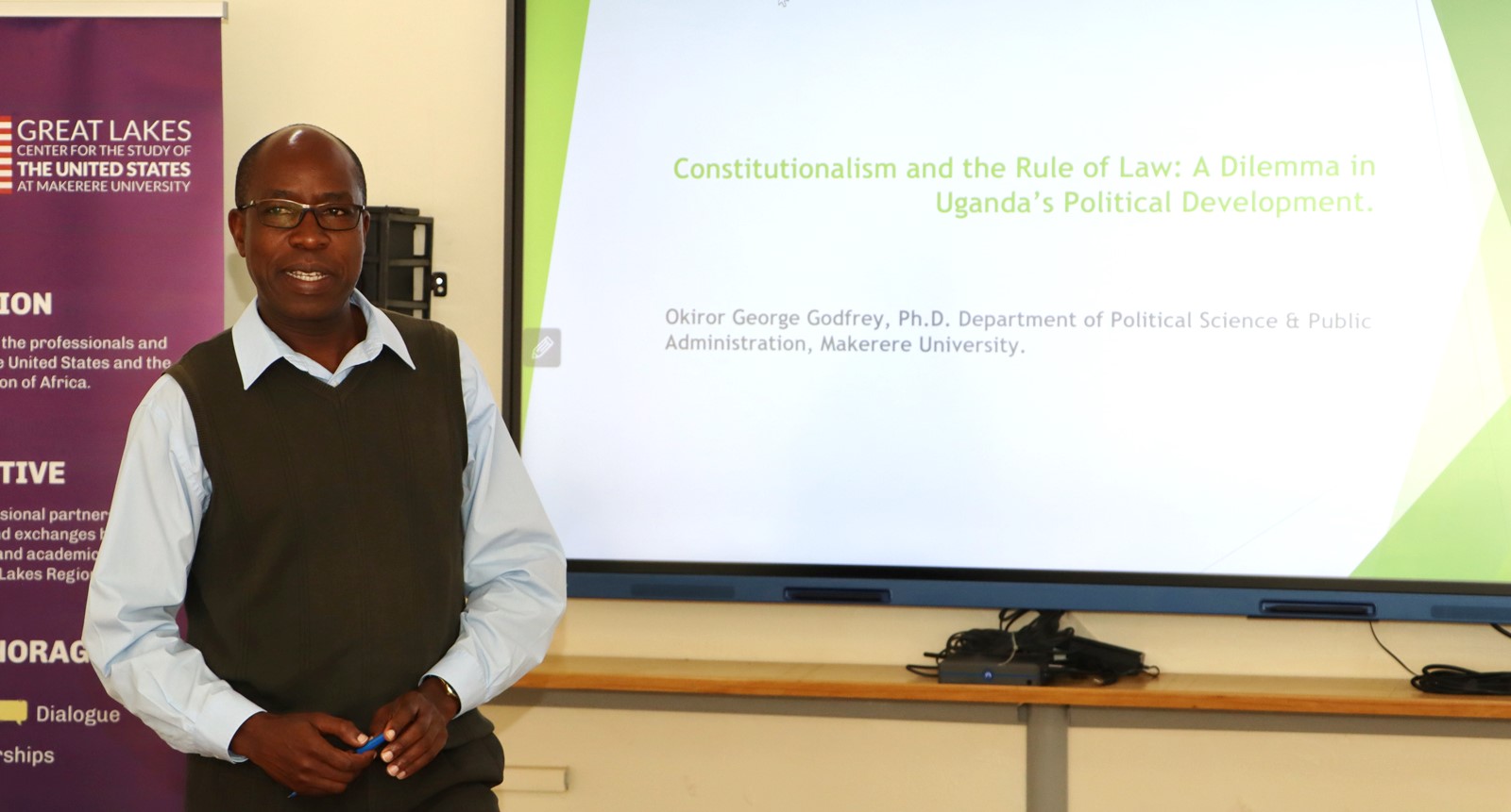 Dr. George Okiror presenting on Constitutionalism and the rule of law. The Centre for United States Studies at Makerere University held its first research review workshop, marking the beginning of an ambitious academic project to publish a book examining the historical and contemporary relations between the United States and Uganda, 28th April 2025, Kampala, East Africa.