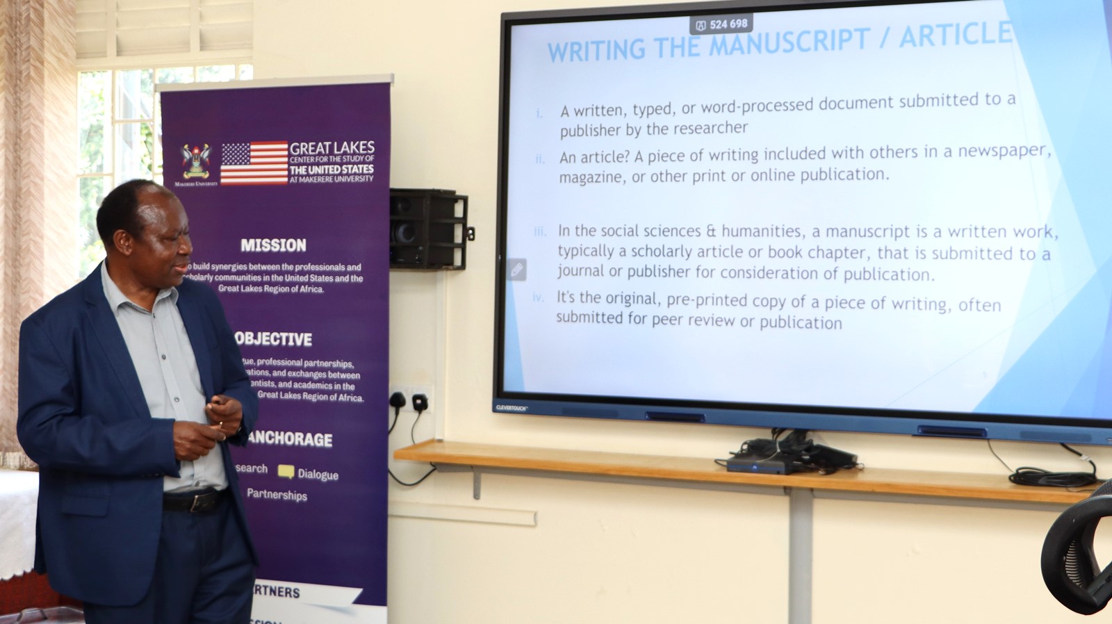 Prof. Fredrick Muyodi presenting on academic writing and publishing. The Centre for United States Studies at Makerere University held its first research review workshop, marking the beginning of an ambitious academic project to publish a book examining the historical and contemporary relations between the United States and Uganda, 28th April 2025, Kampala, East Africa. The Centre for United States Studies at Makerere University held its first research review workshop, marking the beginning of an ambitious academic project to publish a book examining the historical and contemporary relations between the United States and Uganda, 28th April 2025, Kampala, East Africa.