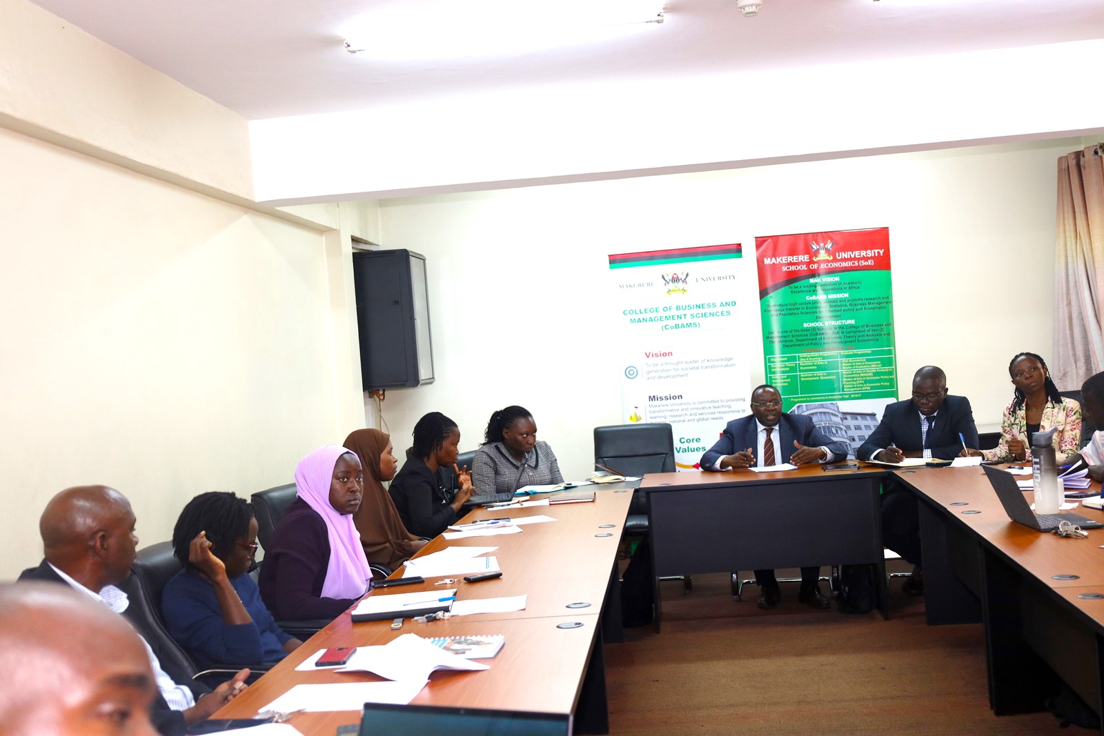 Engagement meeting in session. Delegation from the African Economic Research Consortium (AERC) strengthening partnership with the School of Economics through re-engineering economic research, capacity building, policy formulation and collaboration to impact Africa’s development and transformation, College of Business and Management Sciences (CoBAMS), 23rd May 2025, Makerere University, Kampala Uganda.