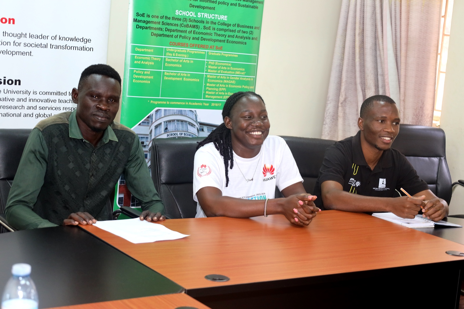 L-R: Ogwal Denis, Proscovia Taaka and Diphus Tugume, Graduate Students participating in the Engagement meeting. Delegation from the African Economic Research Consortium (AERC) strengthening partnership with the School of Economics through re-engineering economic research, capacity building, policy formulation and collaboration to impact Africa’s development and transformation, College of Business and Management Sciences (CoBAMS), 23rd May 2025, Makerere University, Kampala Uganda.