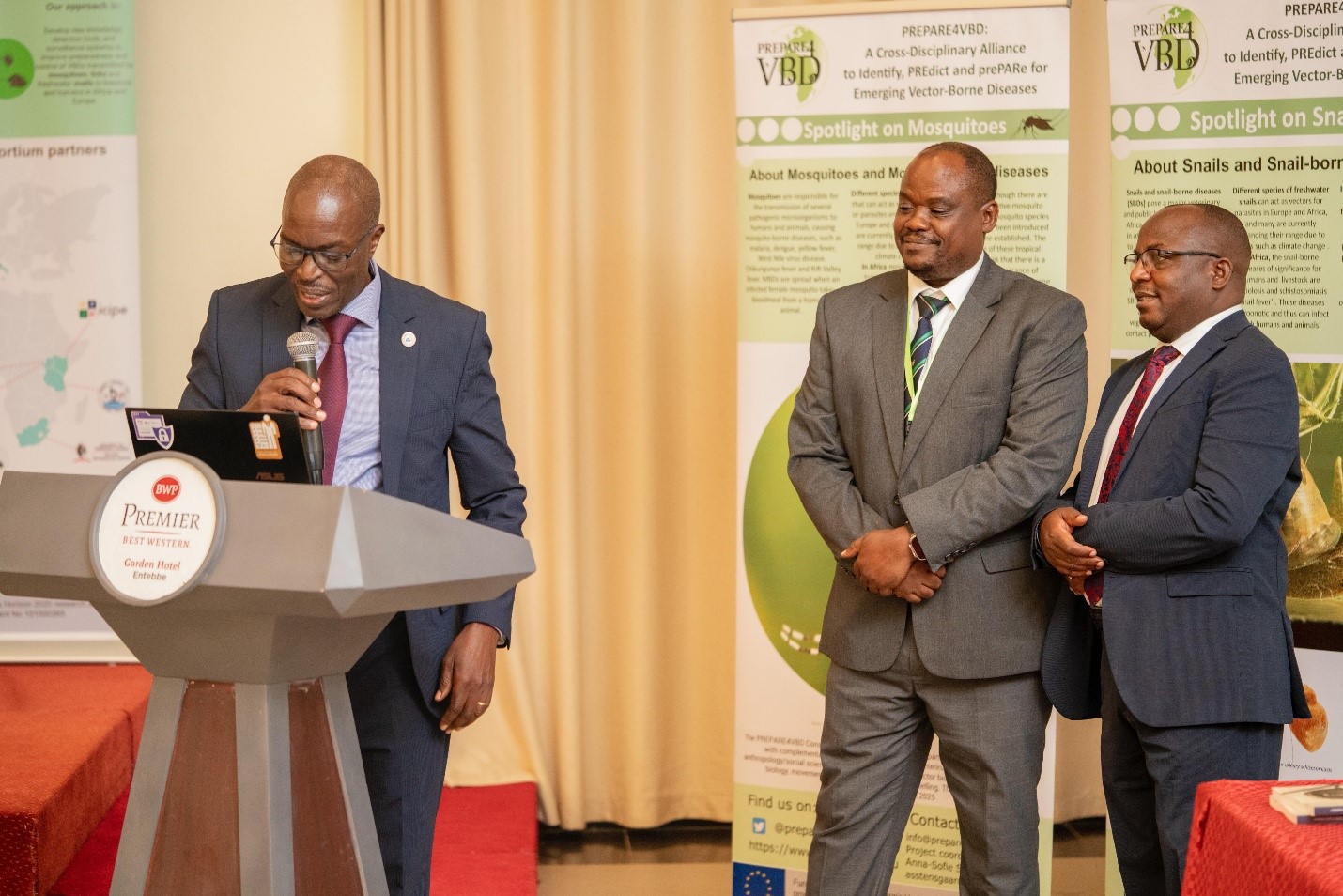 Dr. Peter Wanyama sharing noted that MAAIF is constructing 69 diagnostic laboratories to address emerging vector-borne threats. Final dissemination workshop of the EU-funded project: A Cross-Disciplinary Alliance to Identify, PREdict, and PrePARe for Emerging Vector-Borne Diseases (PREPARE4VBDs) with Prof. Lawrence Mugisha Co-Principal Investigator from College of Veterinary Medicine, Animal Resources and Biosecurity (CoVAB), Makerere University, held 5th-8th May 2025, Best Western Premier Garden Hotel, Entebbe, Uganda, East Africa.
