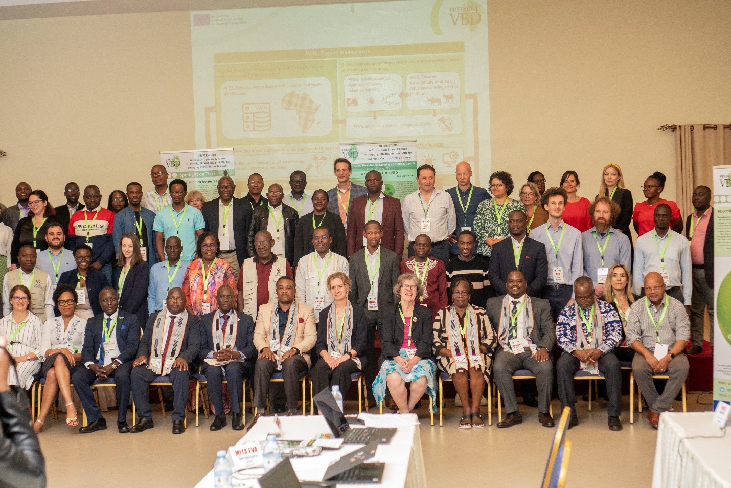 A Group photo of a multidisciplinary team at Best Western Premier | Garden Hotel, Entebbe, Uganda after the final dissemination of Cross-Disciplinary Alliance to Identify, PREdict, and PrePARe for Emerging Vector-Borne Diseases (PREPARE4VBDs. Final dissemination workshop of the EU-funded project: A Cross-Disciplinary Alliance to Identify, PREdict, and PrePARe for Emerging Vector-Borne Diseases (PREPARE4VBDs) with Prof. Lawrence Mugisha Co-Principal Investigator from College of Veterinary Medicine, Animal Resources and Biosecurity (CoVAB), Makerere University, held 5th-8th May 2025, Best Western Premier Garden Hotel, Entebbe, Uganda, East Africa.