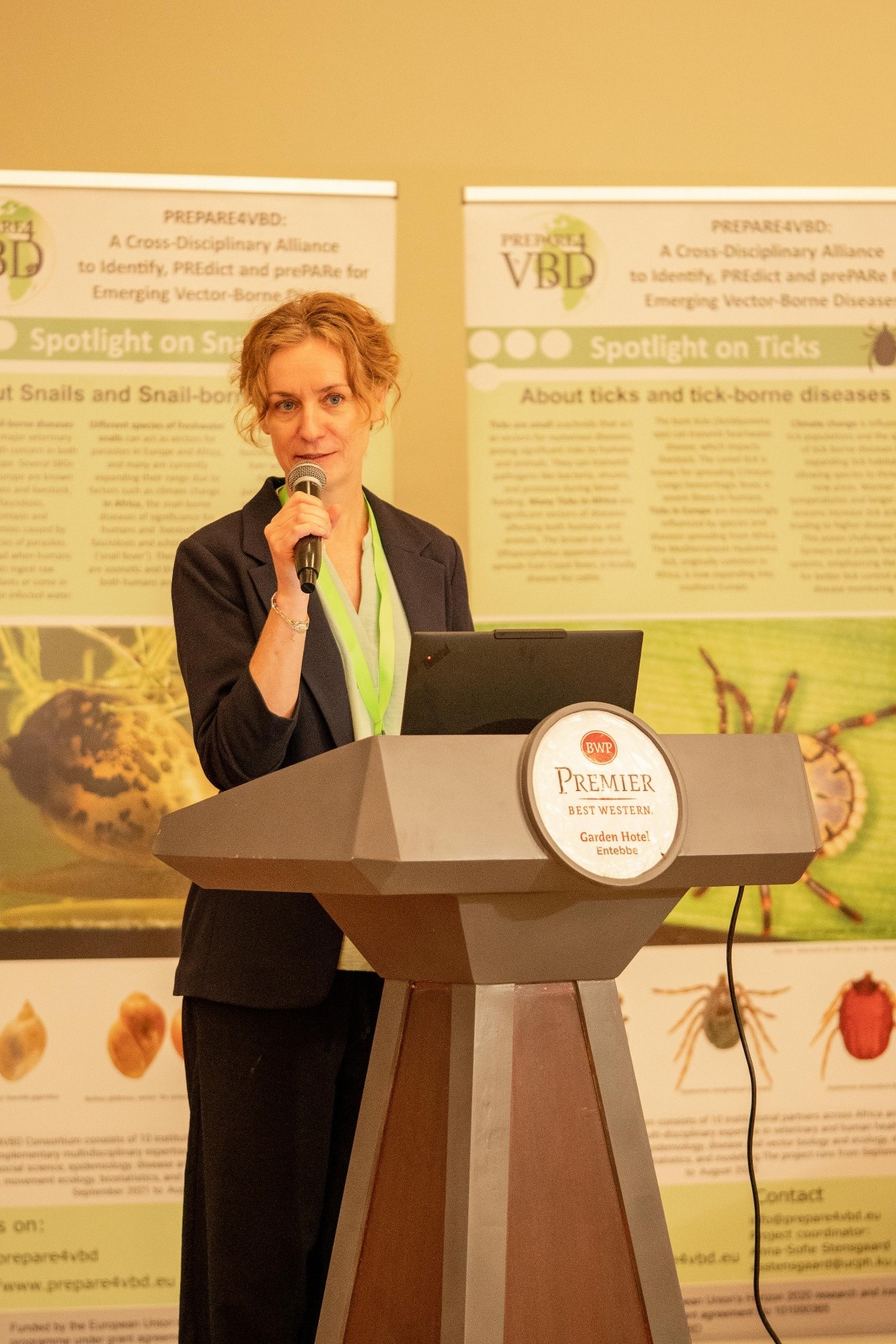 The PREPARE4VBD Principal Investigator, Professor Anna-Sofie Stensgaard from the Department of Veterinary and Animal Sciences at the University of Copenhagen sharing about the PREPARE4VBD work and Outcomes. Final dissemination workshop of the EU-funded project: A Cross-Disciplinary Alliance to Identify, PREdict, and PrePARe for Emerging Vector-Borne Diseases (PREPARE4VBDs) with Prof. Lawrence Mugisha Co-Principal Investigator from College of Veterinary Medicine, Animal Resources and Biosecurity (CoVAB), Makerere University, held 5th-8th May 2025, Best Western Premier Garden Hotel, Entebbe, Uganda, East Africa.
