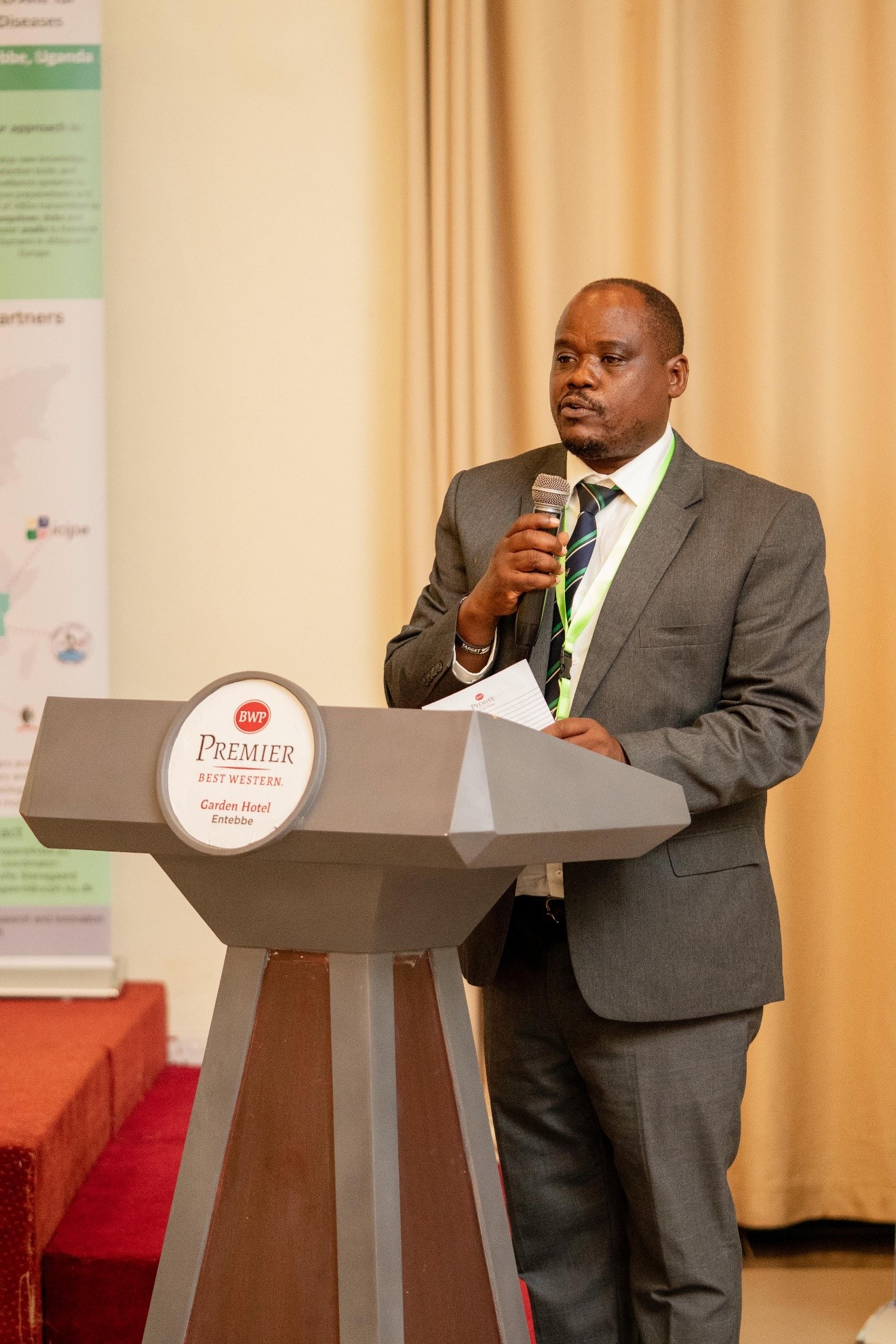 Professor Lawrence Mugisha welcoming participants to the event and sharing about PREPARE4VBD aim. Final dissemination workshop of the EU-funded project: A Cross-Disciplinary Alliance to Identify, PREdict, and PrePARe for Emerging Vector-Borne Diseases (PREPARE4VBDs) with Prof. Lawrence Mugisha Co-Principal Investigator from College of Veterinary Medicine, Animal Resources and Biosecurity (CoVAB), Makerere University, held 5th-8th May 2025, Best Western Premier Garden Hotel, Entebbe, Uganda, East Africa.