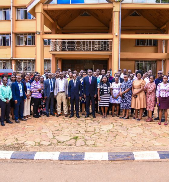 Prof. Buyinza Mukadasi, Mr. Deus Tayari Mujuni, Mr. Yusuf Kiranda and Mr. Amon Muteganda pose for a group photo with new staff during the induction ceremony on 15th May 2025. Makerere University on Thursday 15th May, 2025 embarked on a two-day induction exercise spearheaded by the Directorate of Human Resources for newly appointed staff, whose tenures commenced in the 2024/2025 financial year, Senate Conference Hall, Kampala Uganda, East Africa.