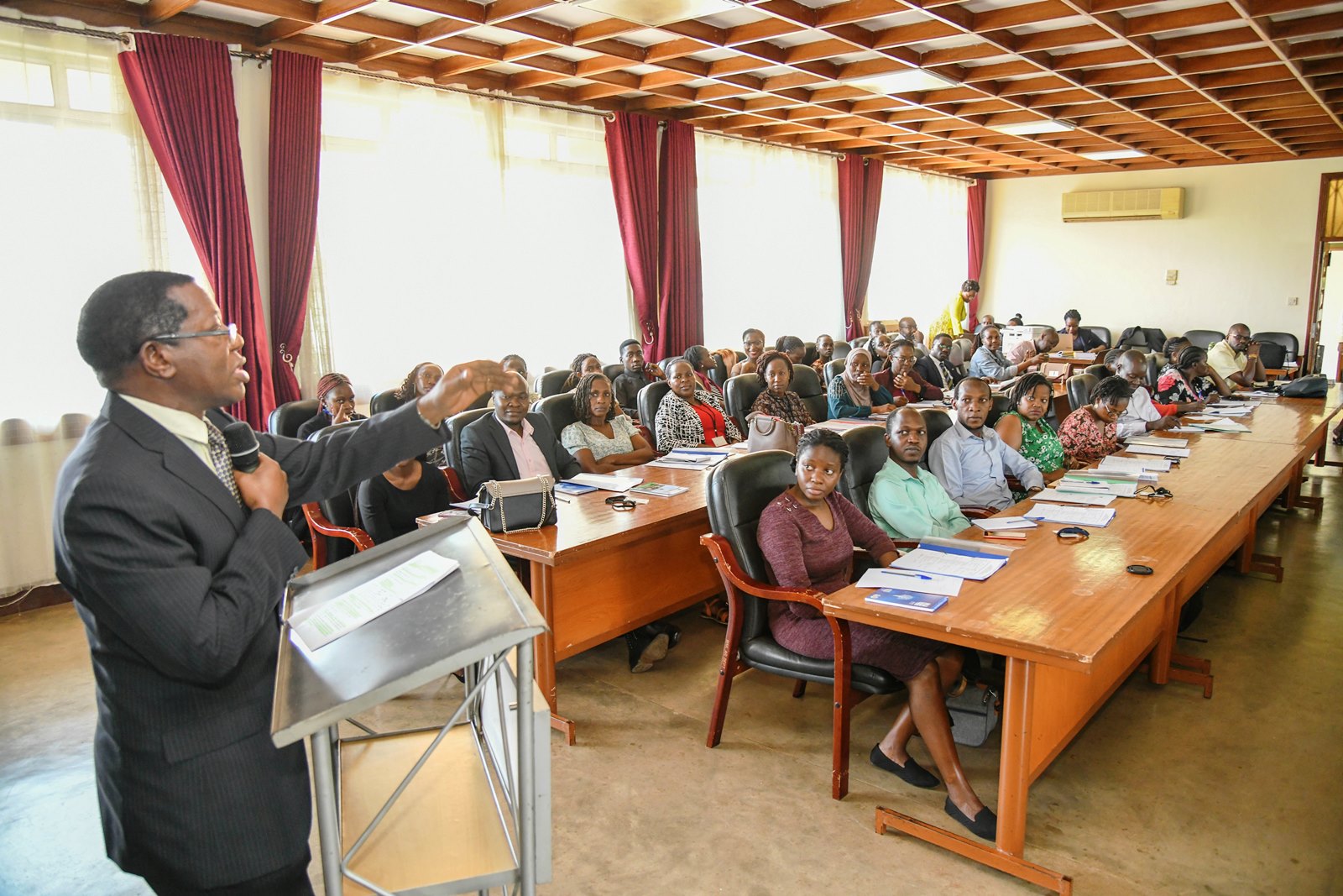 Prof. Buyinza Mukadasi addresses new staff during the induction. Makerere University on Thursday 15th May, 2025 embarked on a two-day induction exercise spearheaded by the Directorate of Human Resources for newly appointed staff, whose tenures commenced in the 2024/2025 financial year, Senate Conference Hall, Kampala Uganda, East Africa.