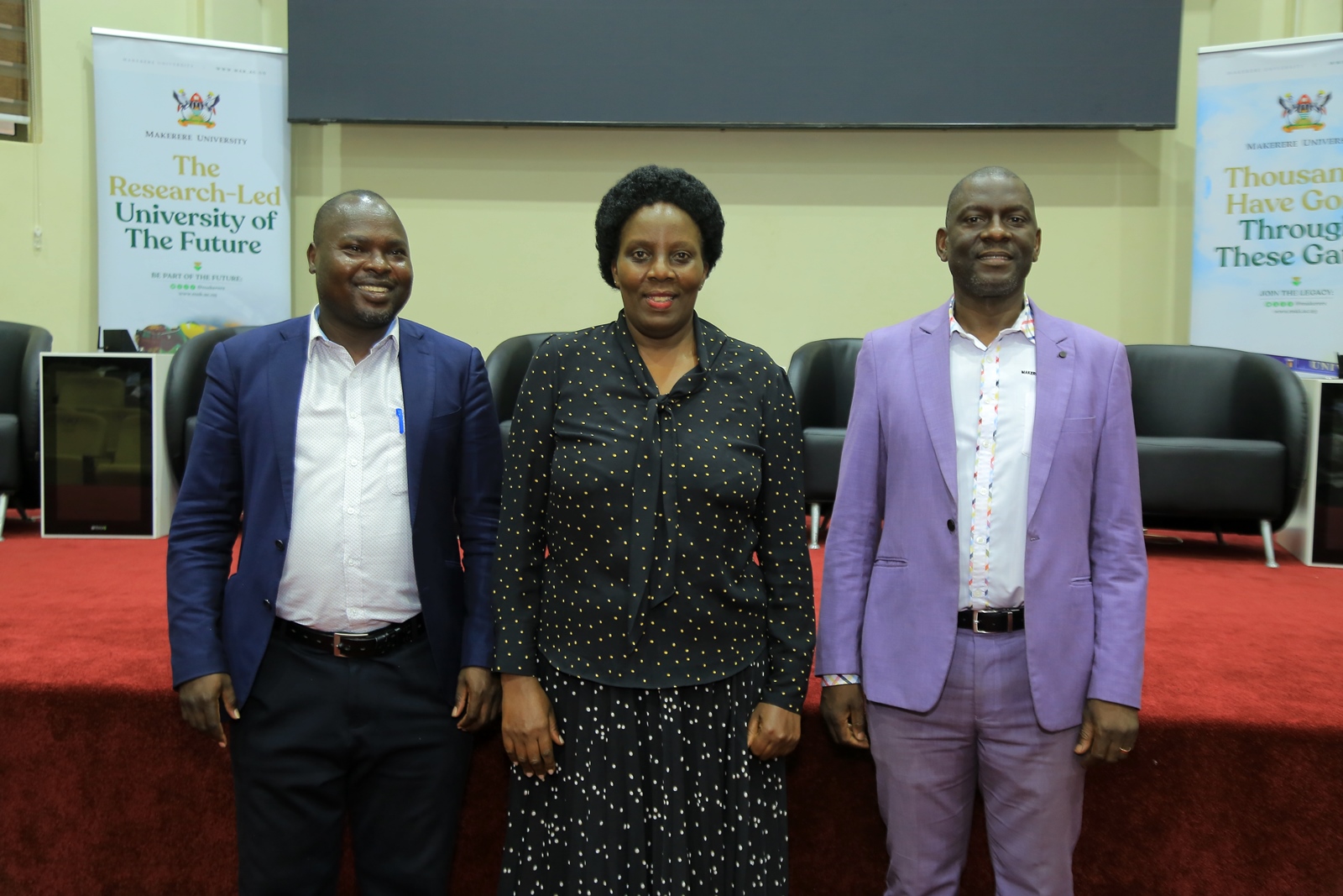 L-R: Deputy Librarian-Dr. Ongaya Kizito, University Librarian-Dr. Ruth Nalumaga and Director Research and Graduate Training-Dr. Julius Kikooma. Makerere University day two of induction exercise spearheaded by the Directorate of Human Resources for newly appointed staff, whose tenures commenced in the 2024/2025 financial year, 16th May 2025, School of Public Health (MakSPH) Auditorium, Kampala Uganda, East Africa.