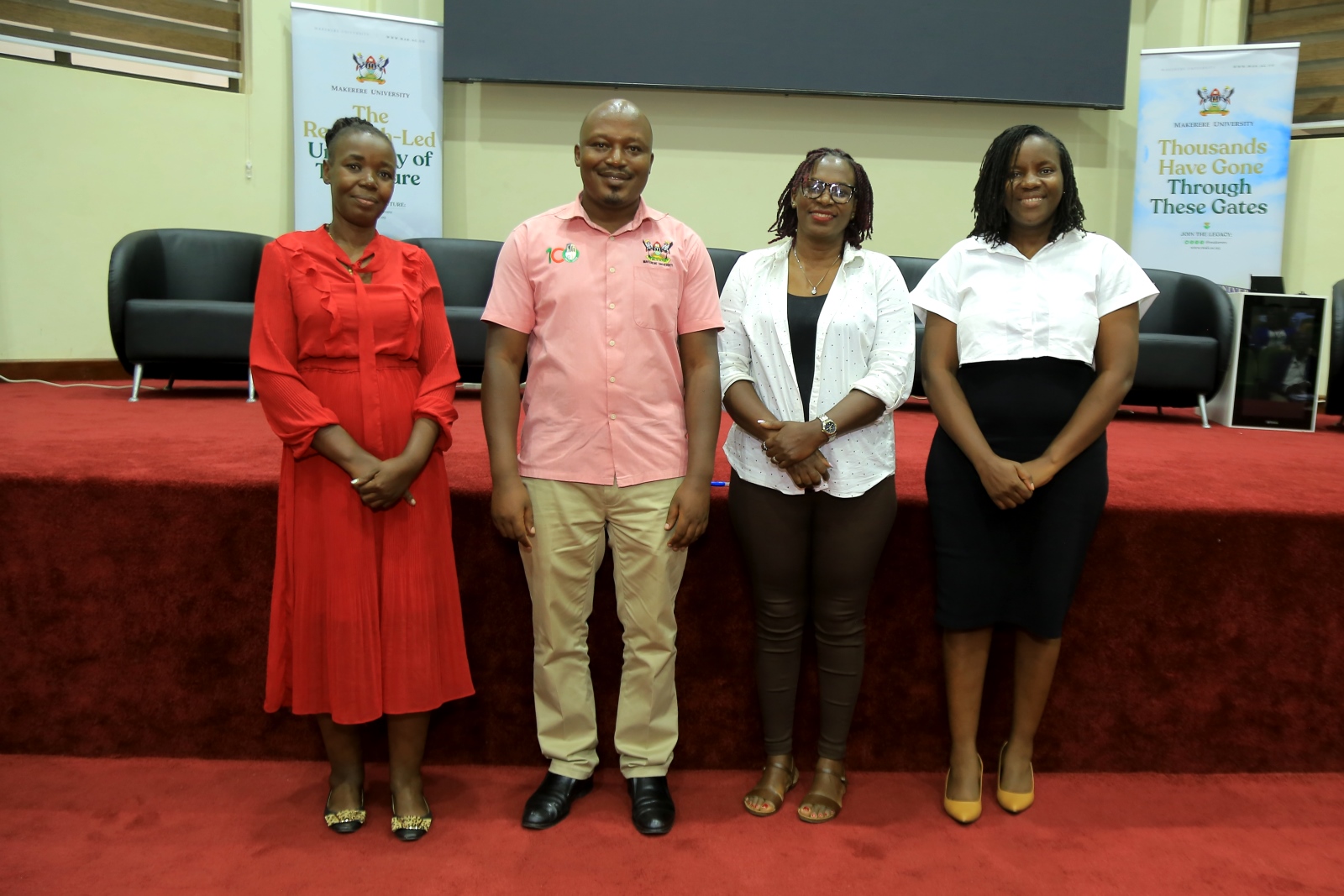 Dr. Rodney Rugyema (2nd Left) poses for a group photo with Ms. Carol Kasujja (2nd Right) and staff from the Office of the Dean of Students. Makerere University day two of induction exercise spearheaded by the Directorate of Human Resources for newly appointed staff, whose tenures commenced in the 2024/2025 financial year, 16th May 2025, School of Public Health (MakSPH) Auditorium, Kampala Uganda, East Africa.
