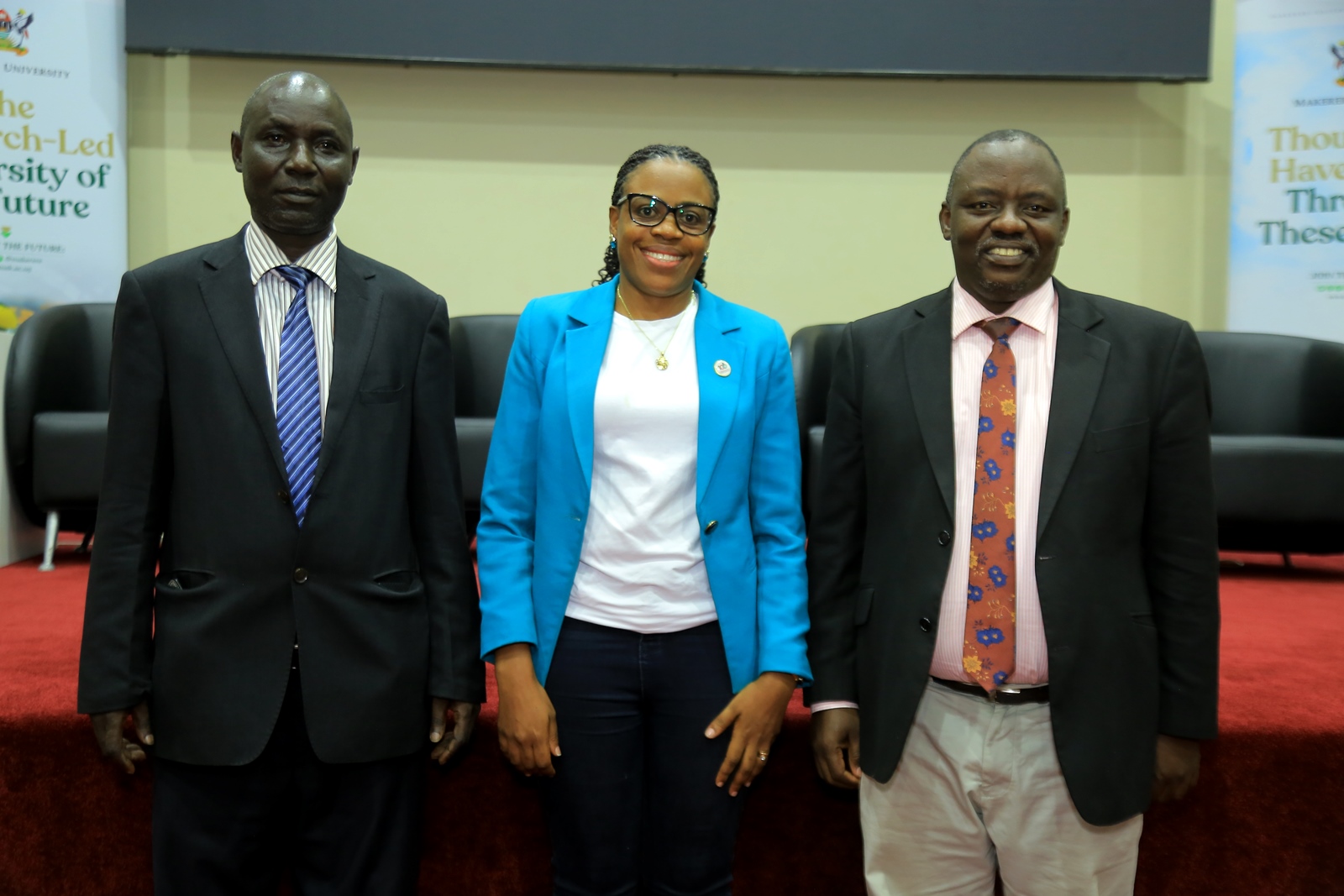 L-R: Mr. Patrick Akonyet, Ms. Naome Kiconco and Mr. Paul Agaba. Makerere University day two of induction exercise spearheaded by the Directorate of Human Resources for newly appointed staff, whose tenures commenced in the 2024/2025 financial year, 16th May 2025, School of Public Health (MakSPH) Auditorium, Kampala Uganda, East Africa.