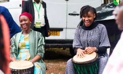 Mariatheresa David Mwamakula - granddaughter of Mwalimu Julius Nyerere (Right) and Ms Butiku Sangu (Left) drum during one of the interactive sessions of the Festival. Julius Nyerere Youth Festival 2025 held under the theme, "Our Heritage, Our Voices: Culture, Innovation, and Servant Leadership," 15th-16th April 2025, Yusuf Lule Central Teaching Facility Auditorium, Makerere University, Kampala Uganda, East Africa.