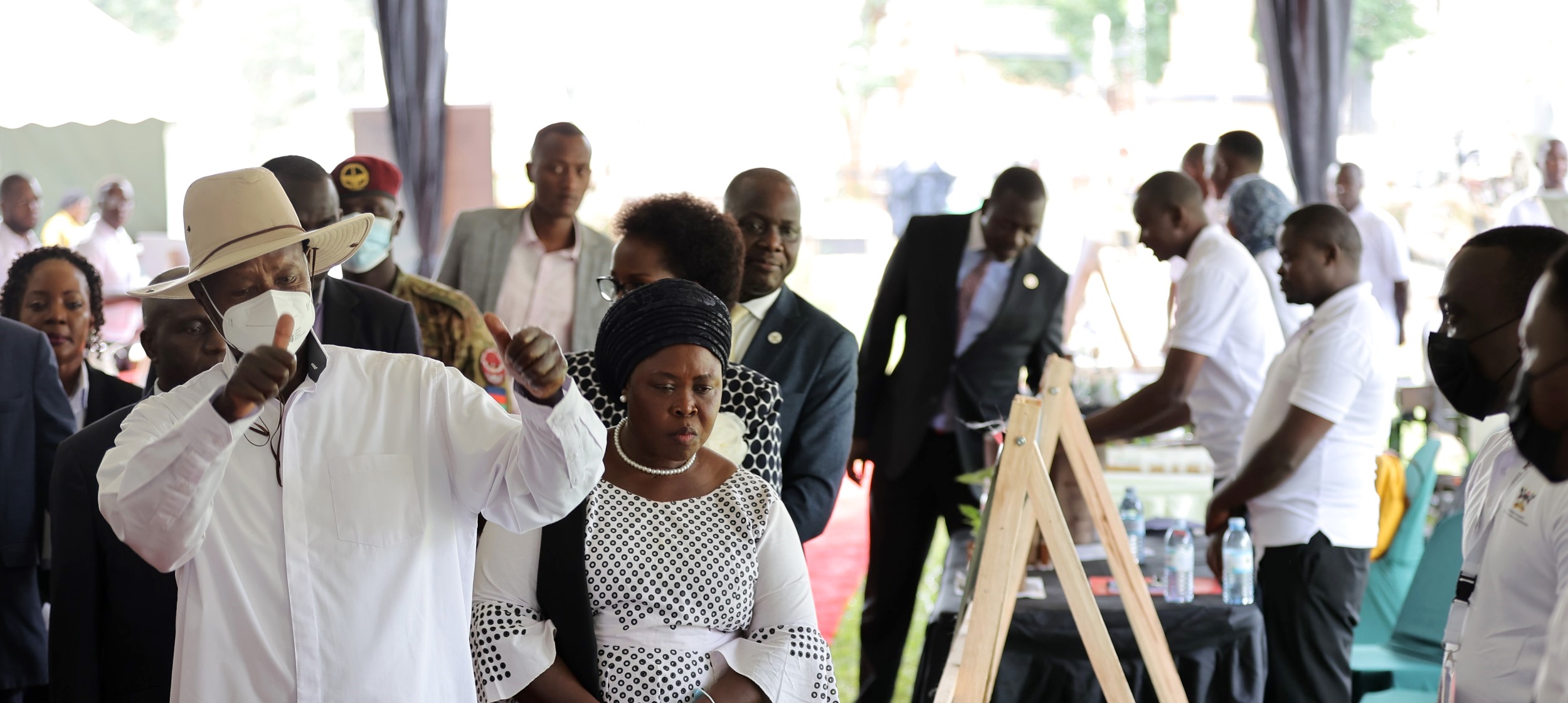 H.E. Yoweri Kaguta Museveni officially flags off the Research and Innovations Week 2025, on 8th April 2025, Freedom Square, Makerere University, Kampala Uganda, East Africa. Moments before his key note address and launch of the research and innoavtions week, President Museveni (L) inspected the projects displayed at the Makerere University Freedom Square.