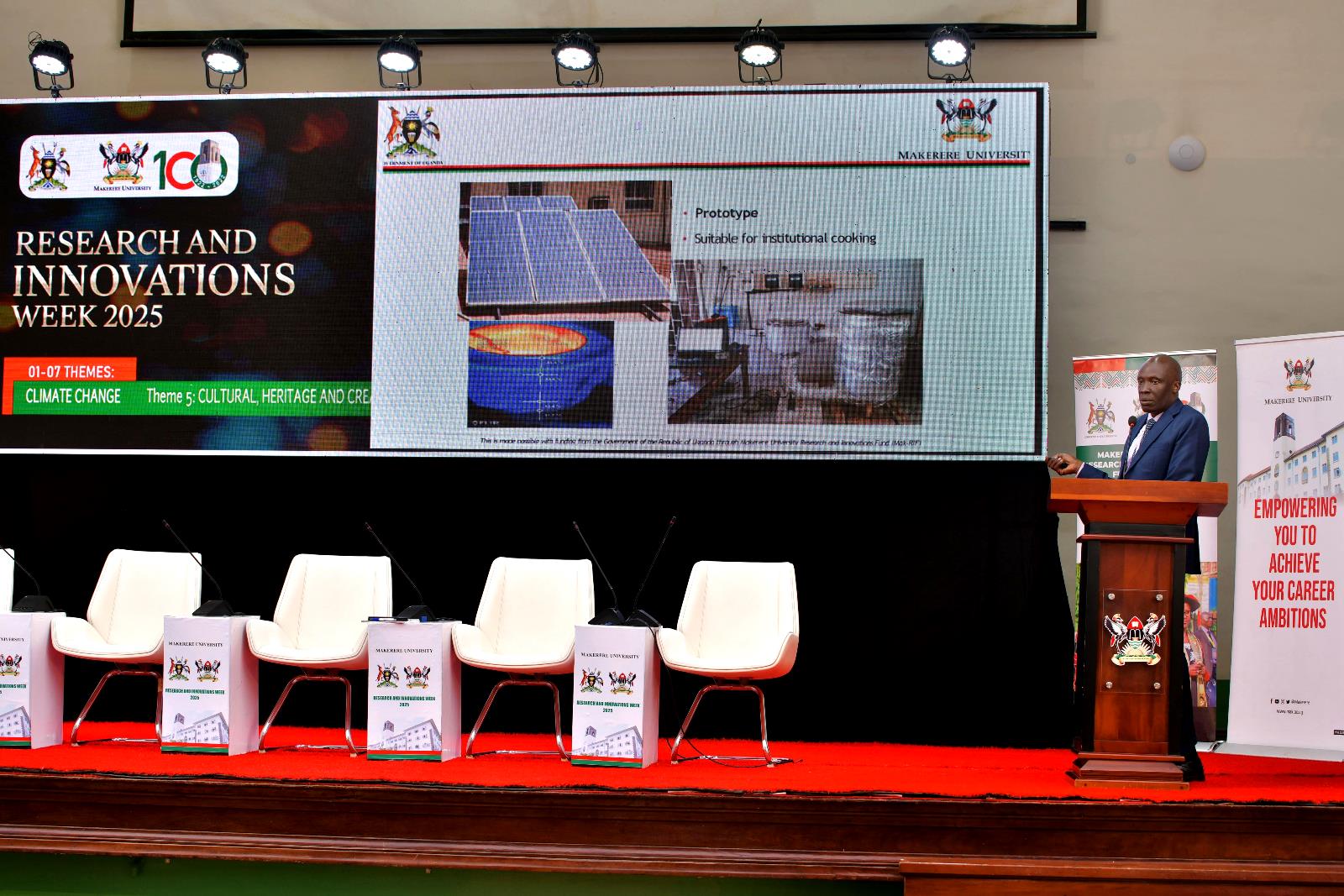 The Research and Innovations Week 2025, funded by the Government of Uganda, 9th April 2025, Main Hall, Makerere University, Kampala Uganda, East Africa. Dr. Nyeinga Karidewa presents his project on Thermal Energy Storage for Institutional Cooking on Day 2 of the Research and Innovations Week 2025.