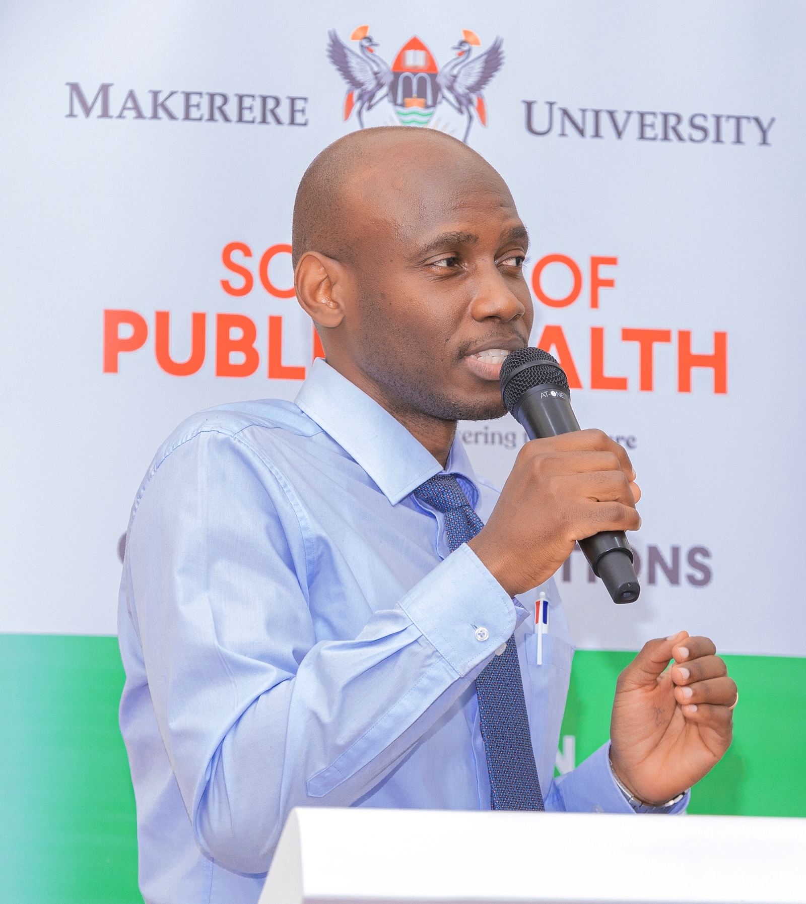 Dr. David Musoke speaking during the dissemination workshop on April 23, 2025. Makerere University School of Public Health (MakSPH) disseminating outcomes of a major leadership and management strengthening initiative in Wakiso District, Central Uganda. The one-year project, part of the Global Health Partnerships programme funded by NHS England implemented in collaboration with Nottingham Trent University, Nottingham University Hospitals NHS Trust, Wakiso District Local Government, and Uganda’s Ministry of Health, 23rd April 2025, MakSPH Auditorium, Kampala, East Africa.