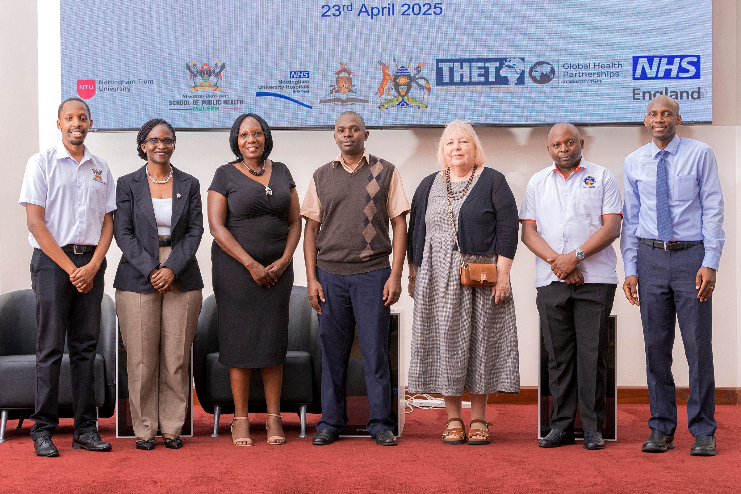 A group photo of delegates during the Leadership and Management dissemination workshop on April 23, 2025. Makerere University School of Public Health (MakSPH) disseminating outcomes of a major leadership and management strengthening initiative in Wakiso District, Central Uganda. The one-year project, part of the Global Health Partnerships programme funded by NHS England implemented in collaboration with Nottingham Trent University, Nottingham University Hospitals NHS Trust, Wakiso District Local Government, and Uganda’s Ministry of Health, 23rd April 2025, MakSPH Auditorium, Kampala, East Africa.