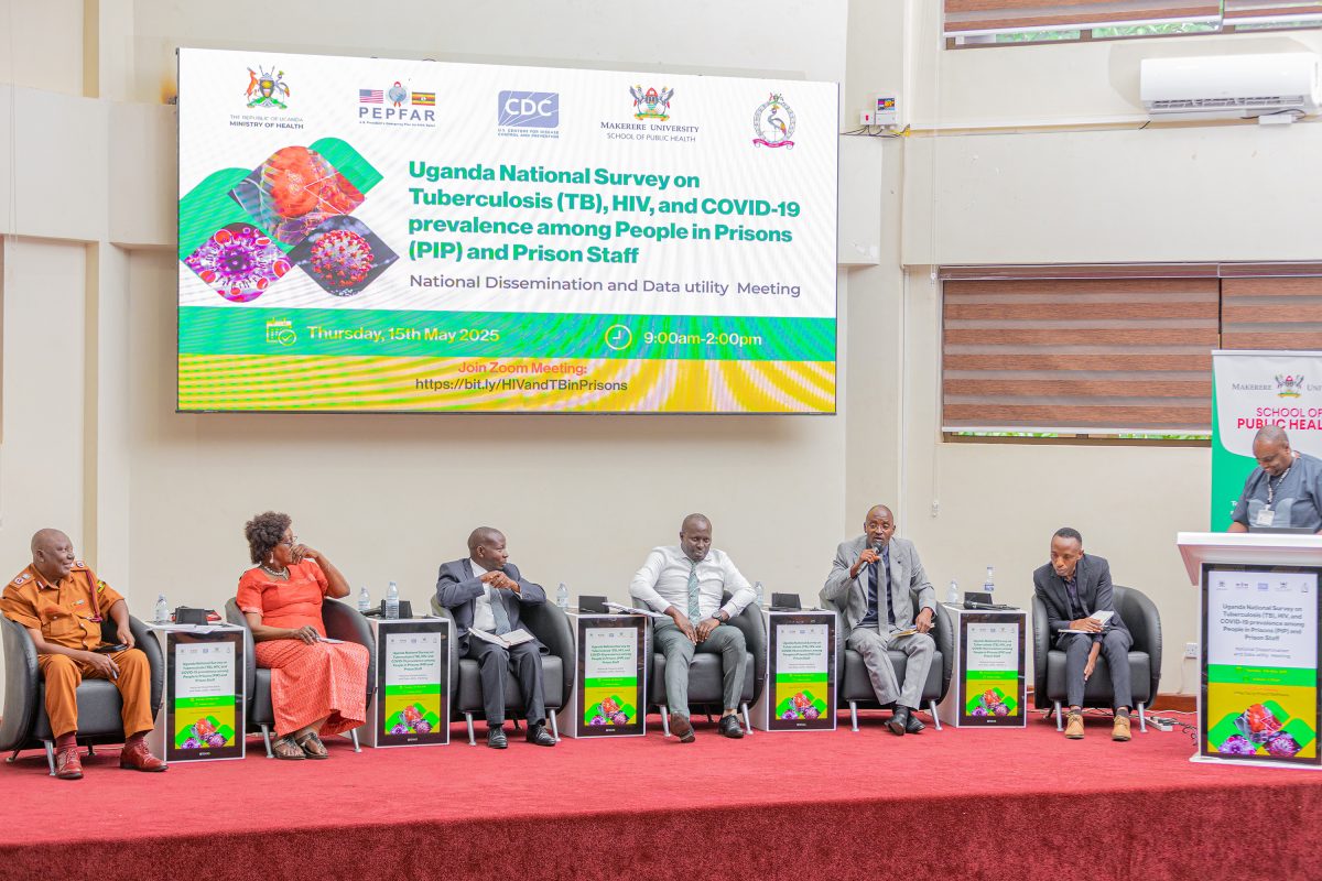 Dr. James Kisambu, the Commissioner for Prison Health Services speaking during a panel discussion at the dissemination and data utility meeting at the MakSPH Auditorium. Release of findings of Uganda National Prevalence Survey on Tuberculosis, HIV, and COVID-19 conducted by Makerere University School of Public Health (MakSPH) in conjunction with the Uganda Prisons Services (UPS) and the Ministry of Health—with funding from the U.S. President’s Emergency Plan for AIDS Relief (PEPFAR) and technical support from the U.S. Centers for Disease Control and prevention (CDC), 15th May 2025, MakSPH Auditorium, Makerere University, Kampala Uganda, East Africa.