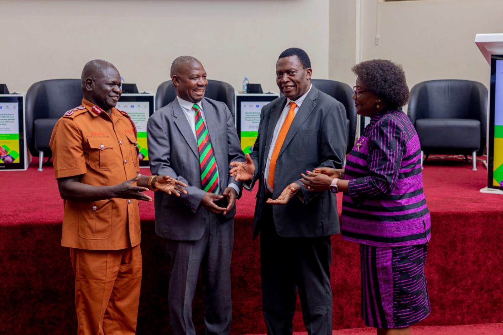 L-R: Mr. Samuel Akena, Deputy Commissioner General of Prisons; Dr. Simon Kasasa, the Principal Investigator; Dr. Charles Olaro, Director General of Health Services, MoH; and Professor Rhoda Wanyenze, the Dean, School of Public Health, at the launch of the survey. Release of findings of Uganda National Prevalence Survey on Tuberculosis, HIV, and COVID-19 conducted by Makerere University School of Public Health (MakSPH) in conjunction with the Uganda Prisons Services (UPS) and the Ministry of Health—with funding from the U.S. President’s Emergency Plan for AIDS Relief (PEPFAR) and technical support from the U.S. Centers for Disease Control and prevention (CDC), 15th May 2025, MakSPH Auditorium, Makerere University, Kampala Uganda, East Africa.