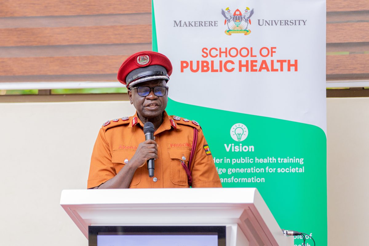 Mr. Samuel Akena, the Deputy Commissioner General of Prisons speaking at the release of results of the survey. Release of findings of Uganda National Prevalence Survey on Tuberculosis, HIV, and COVID-19 conducted by Makerere University School of Public Health (MakSPH) in conjunction with the Uganda Prisons Services (UPS) and the Ministry of Health—with funding from the U.S. President’s Emergency Plan for AIDS Relief (PEPFAR) and technical support from the U.S. Centers for Disease Control and prevention (CDC), 15th May 2025, MakSPH Auditorium, Makerere University, Kampala Uganda, East Africa.