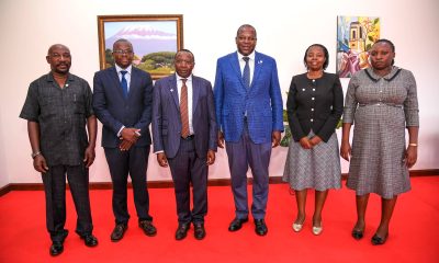 Prof. Tonny Oyana (3rd Right), Prof. Victor Murinde (3rd Left), and Prof. Ibrahim Mike Okumu (2nd Left) with the AERC delegation during the courtesy call. Delegation from the African Economic Research Consortium (AERC) courtesy call on the Vice Chancellor, received by Prof. Tonny Oyana, 23rd May 2025, Makerere University, Kampala Uganda.