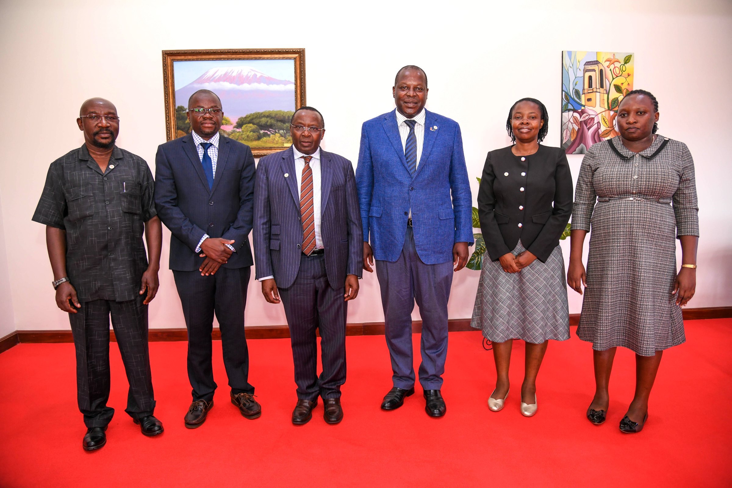 Prof. Tonny Oyana (3rd Right), Prof. Victor Murinde (3rd Left), and Prof. Ibrahim Mike Okumu (2nd Left) with the AERC delegation during the courtesy call. Delegation from the African Economic Research Consortium (AERC) courtesy call on the Vice Chancellor, received by Prof. Tonny Oyana, 23rd May 2025, Makerere University, Kampala Uganda.